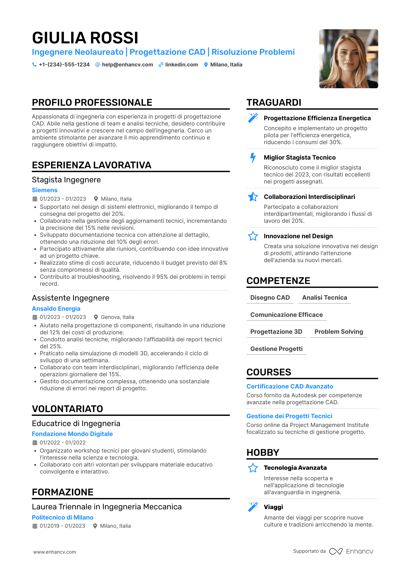 CV Ingegnere Neolaureato Resume Example