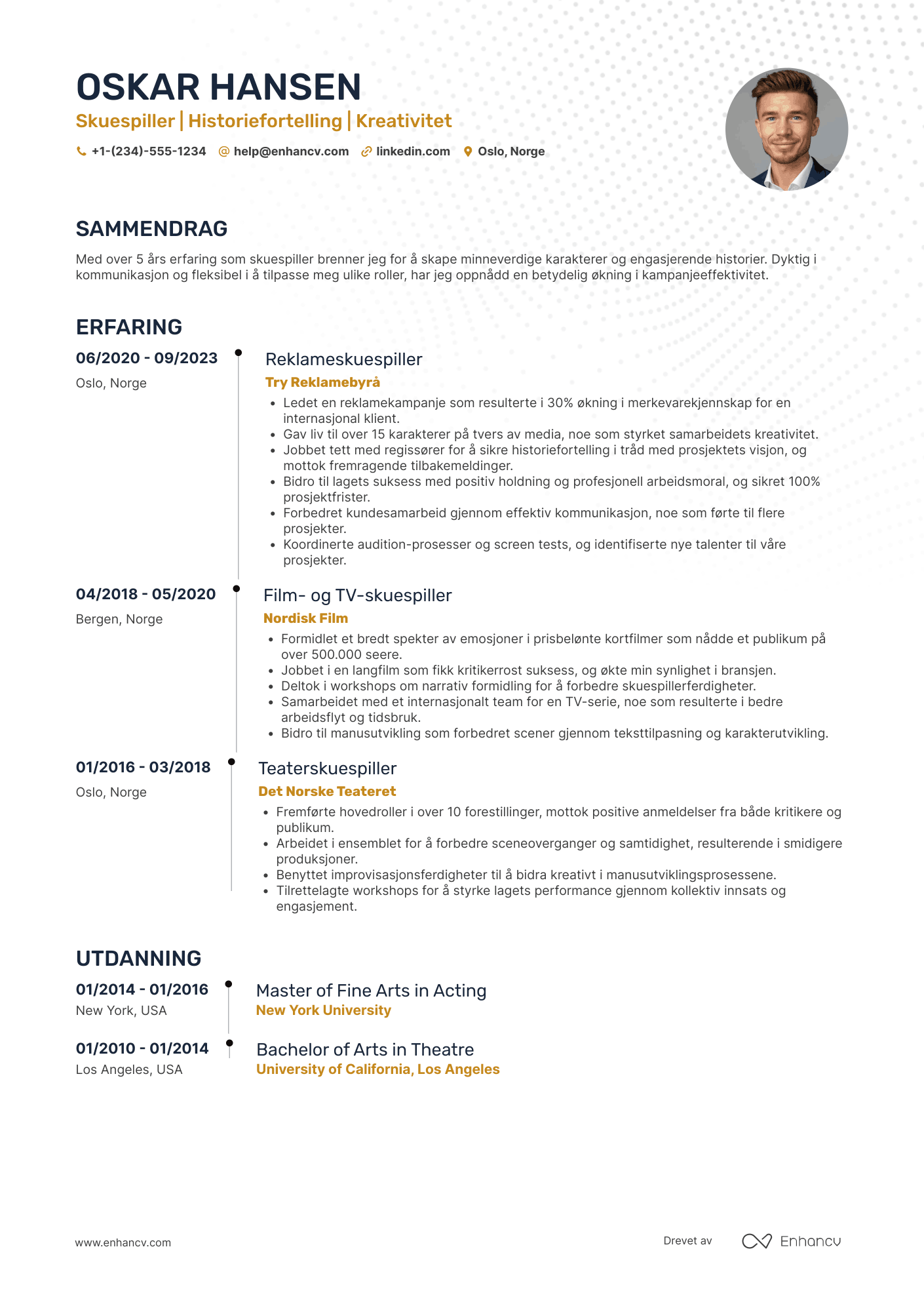 CV for Reklameskuespiller Resume Example