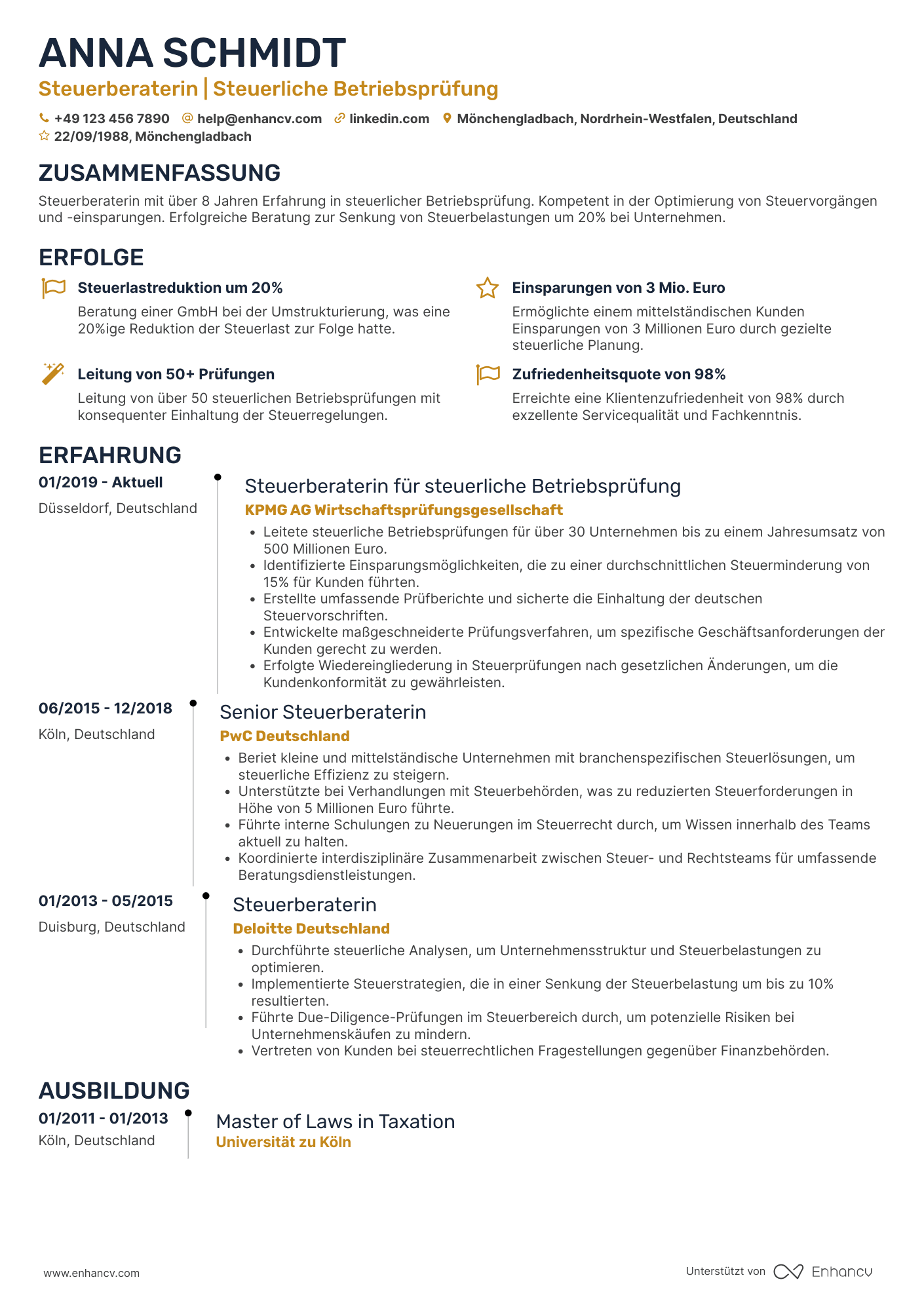Lebenslauf als Steuerberater für steuerliche Betriebsprüfung Resume Example