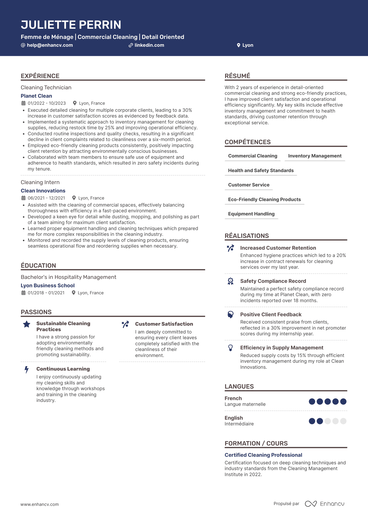 Femme de ménage en entreprise Resume Example