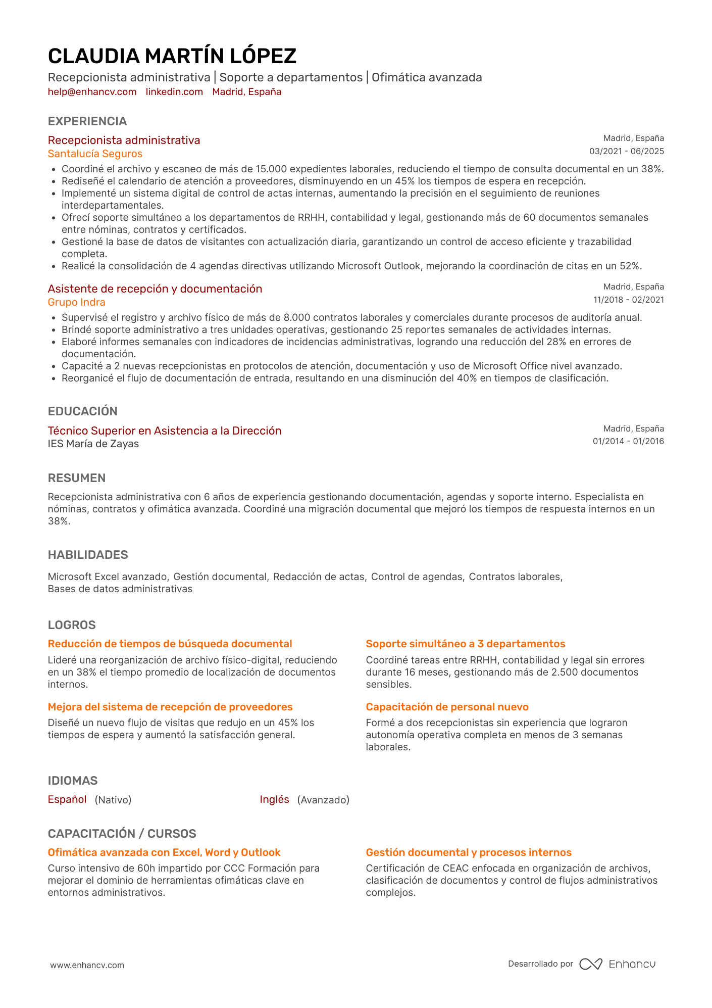 Recepcionista administrativa Resume Example