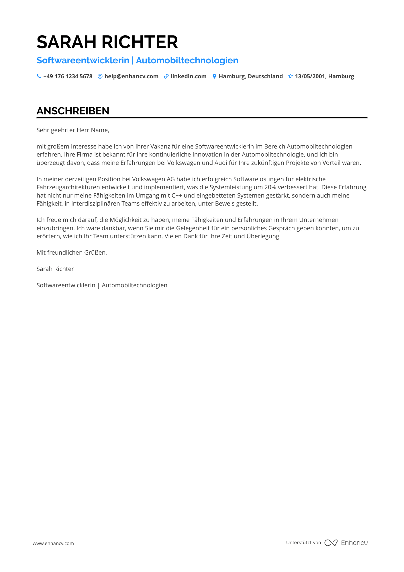 Informatiker in der Automobilindustrie Resume Example