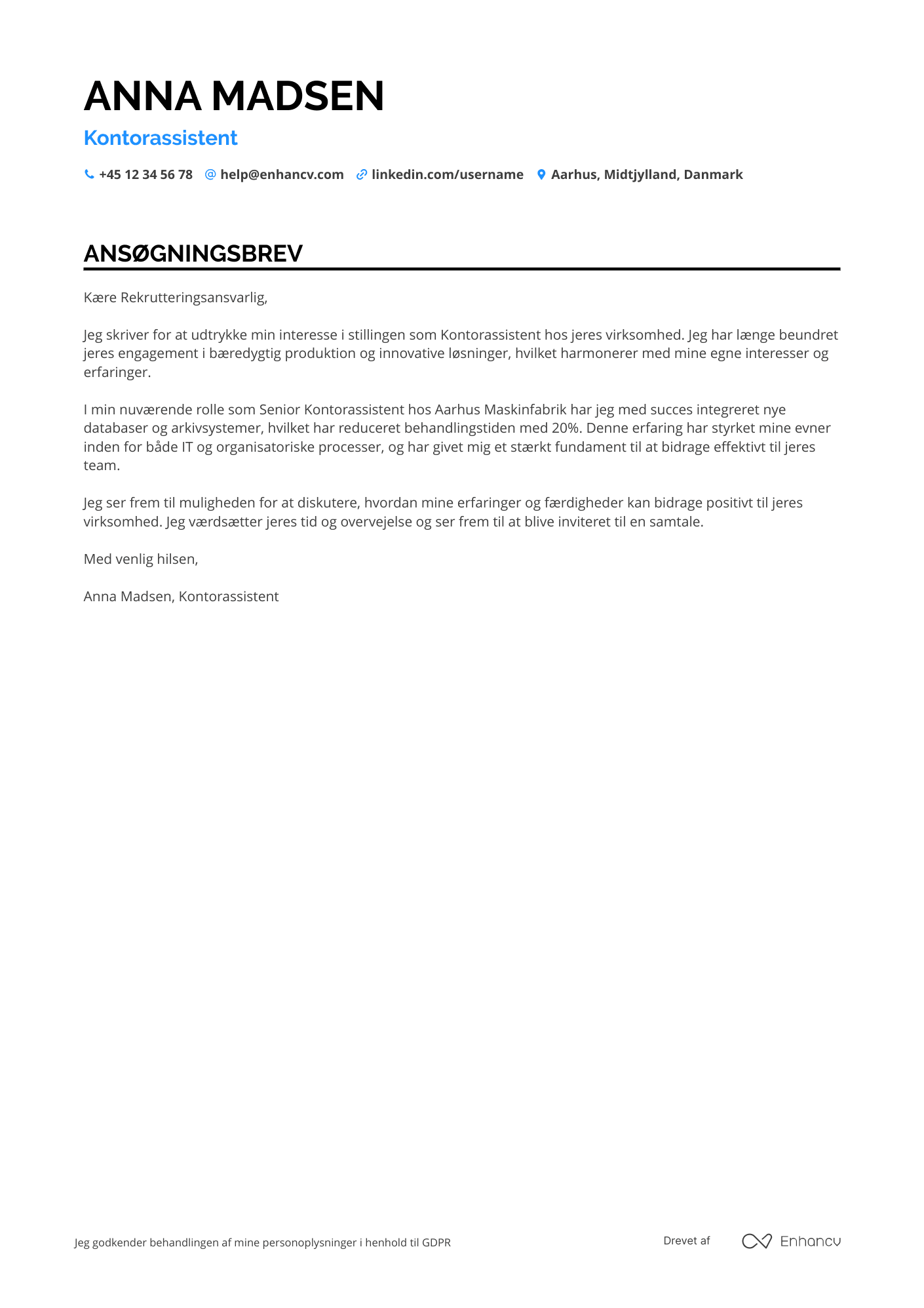 Ansøgningsbrev til Kontorassistent i produktionsindustrien Resume Example