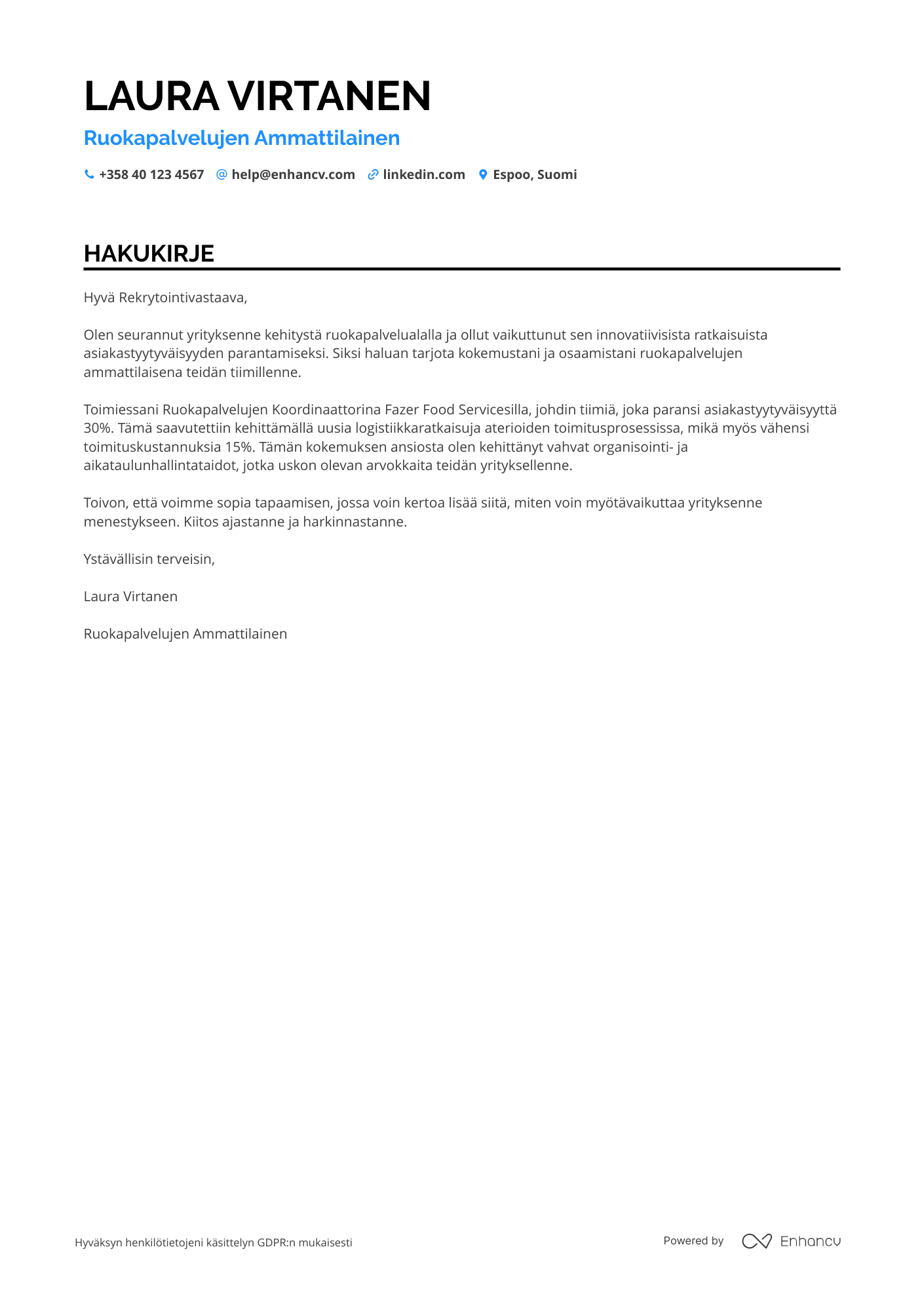 Hakukirje Ruokapalvelujen kotipalvelutyöntekijä Resume Example