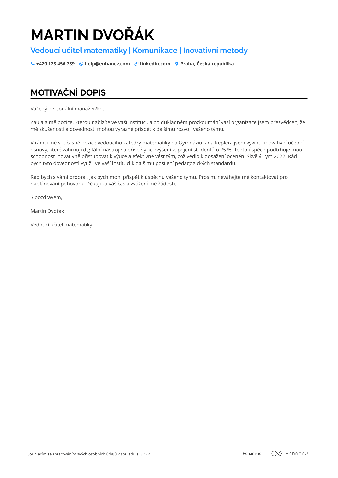Motivační dopis pro Vedoucí učitel matematiky Resume Example