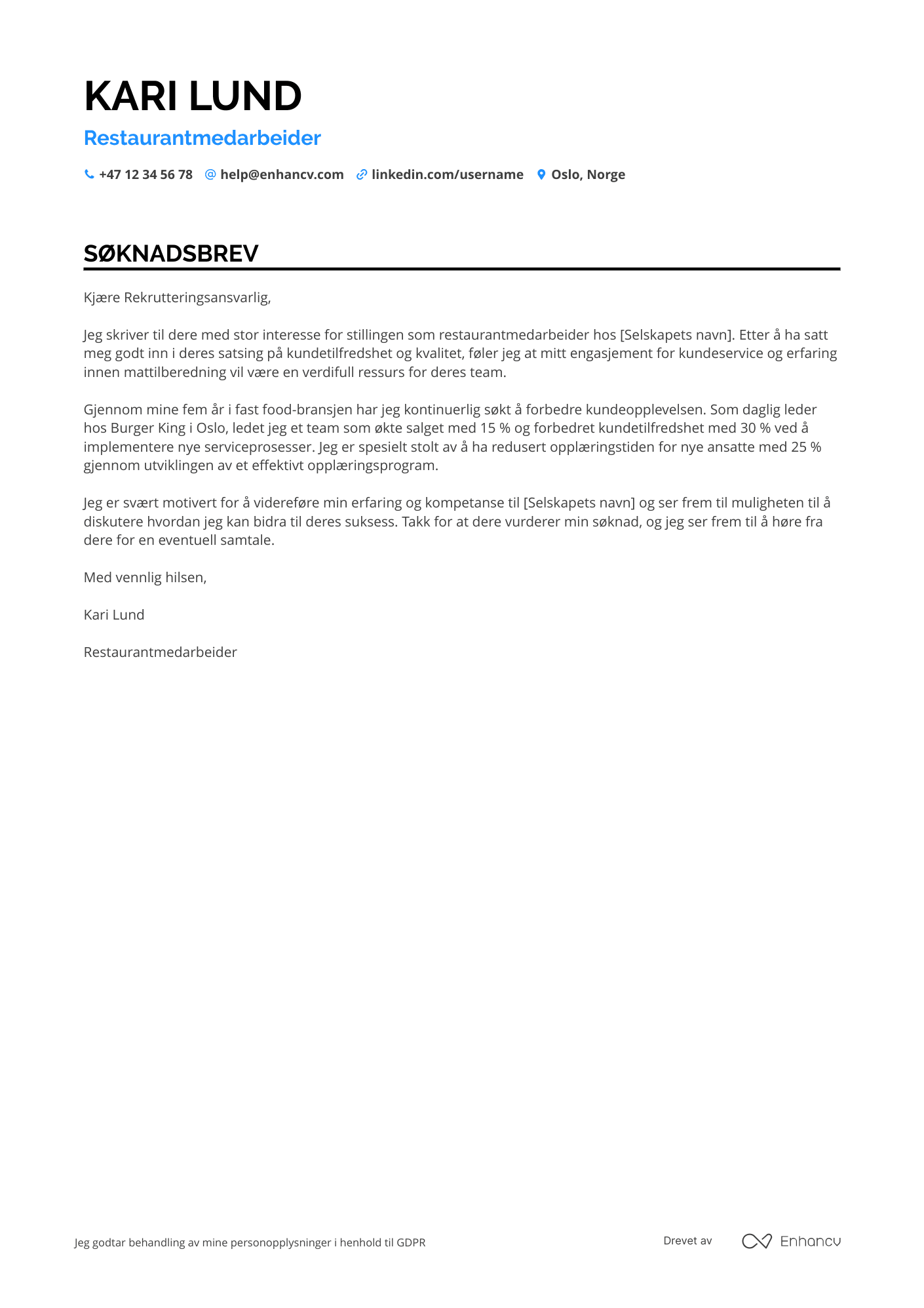 Søknadsbrev for Restaurantmedarbeider Fast Food Resume Example
