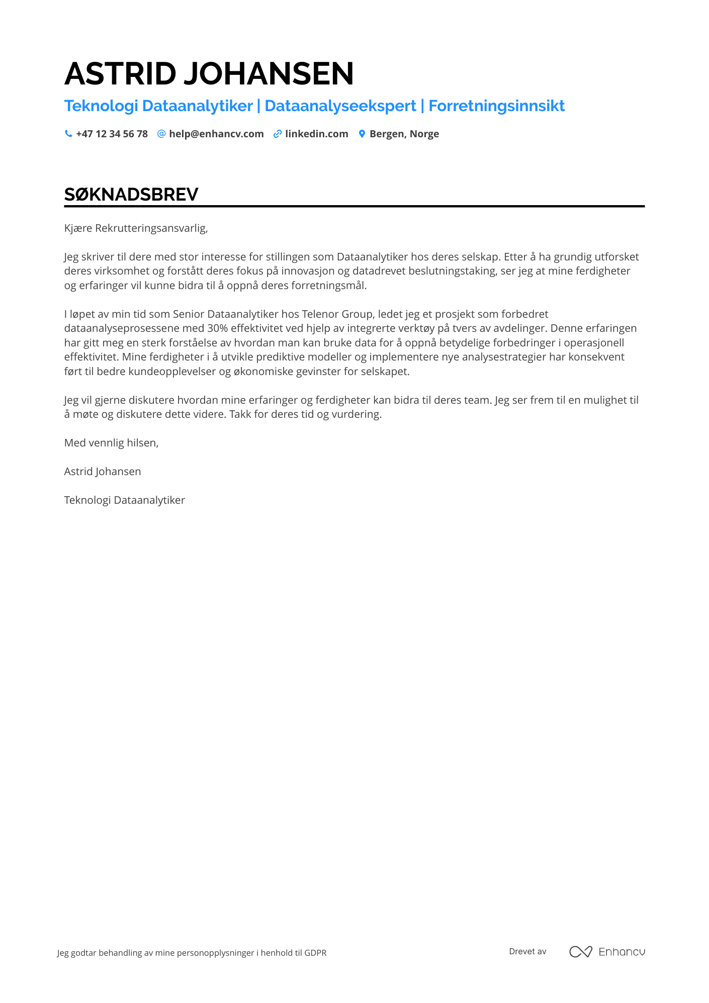 Søknadsbrev for Teknologi Dataanalytiker Resume Example