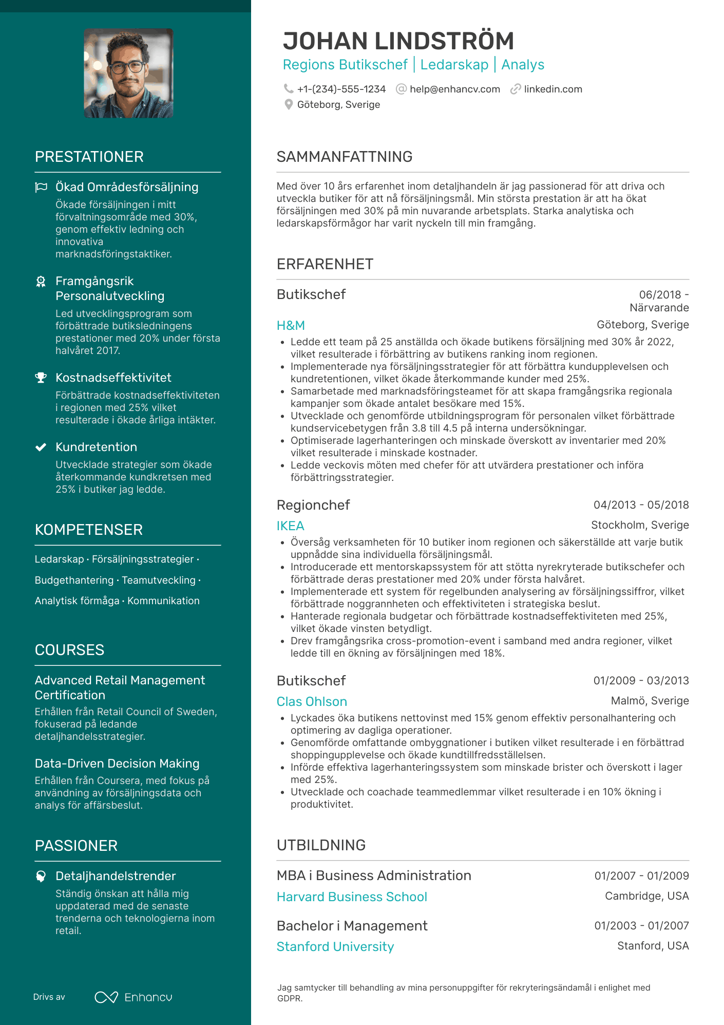 CV för Regions Butikschef Resume Example