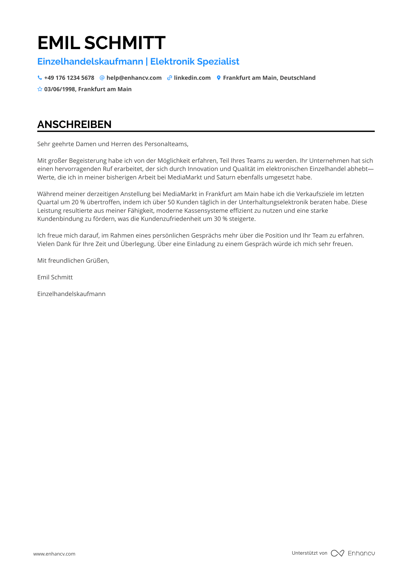 Einzelhandelskaufmann für Elektronik Resume Example