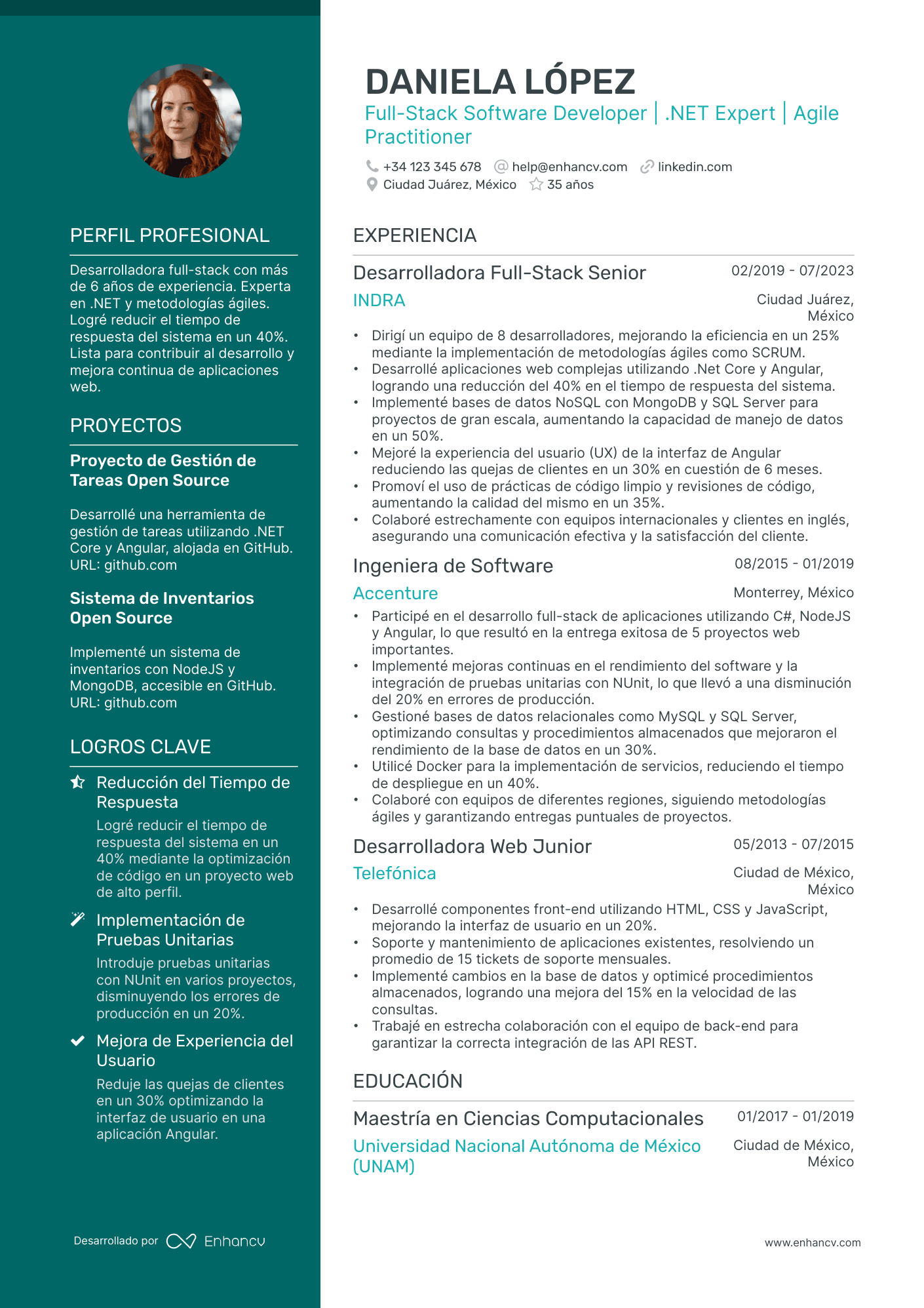 Desarrollador de Software Full Stack Resume Example