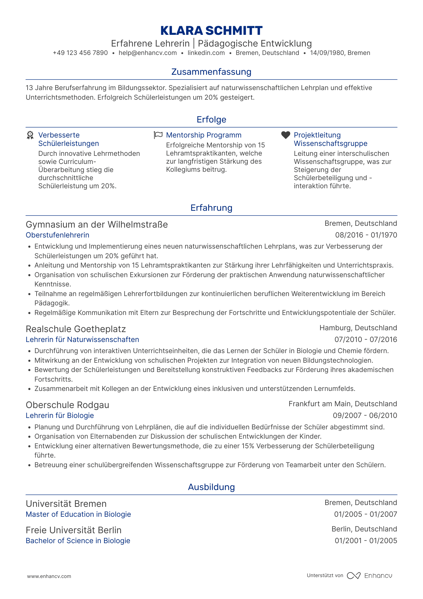 Lebenslauf als Lehrer mit Berufserfahrung Resume Example