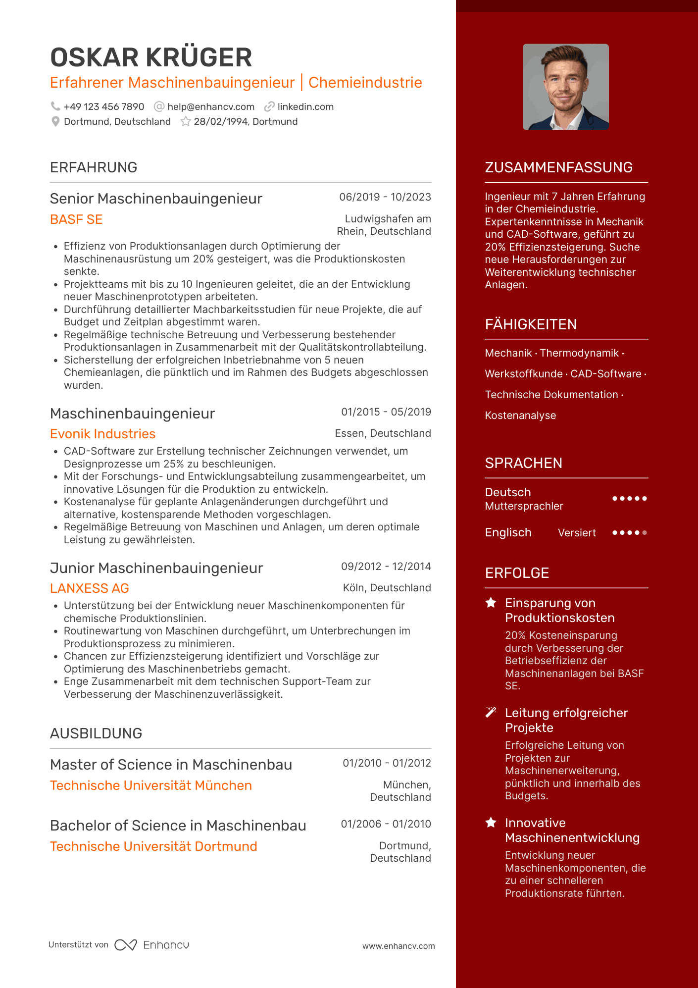 Lebenslauf in Maschinenbauingenieur in der Chemieindustrie Resume Example