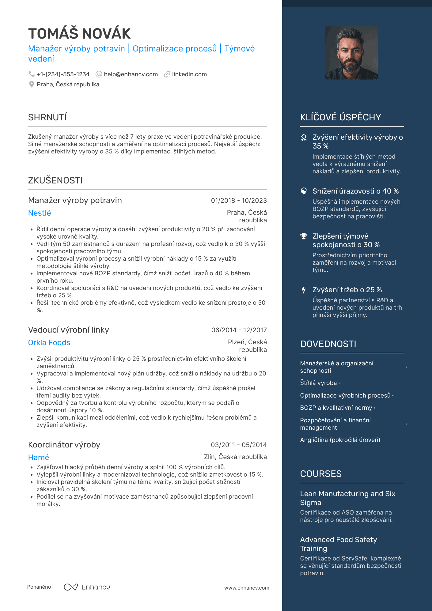 Životopis pro Manažer výroby potravin Resume Example