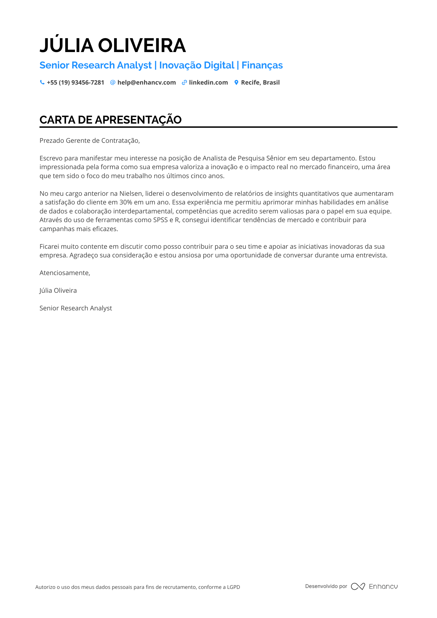 Pesquisador Sênior Resume Example