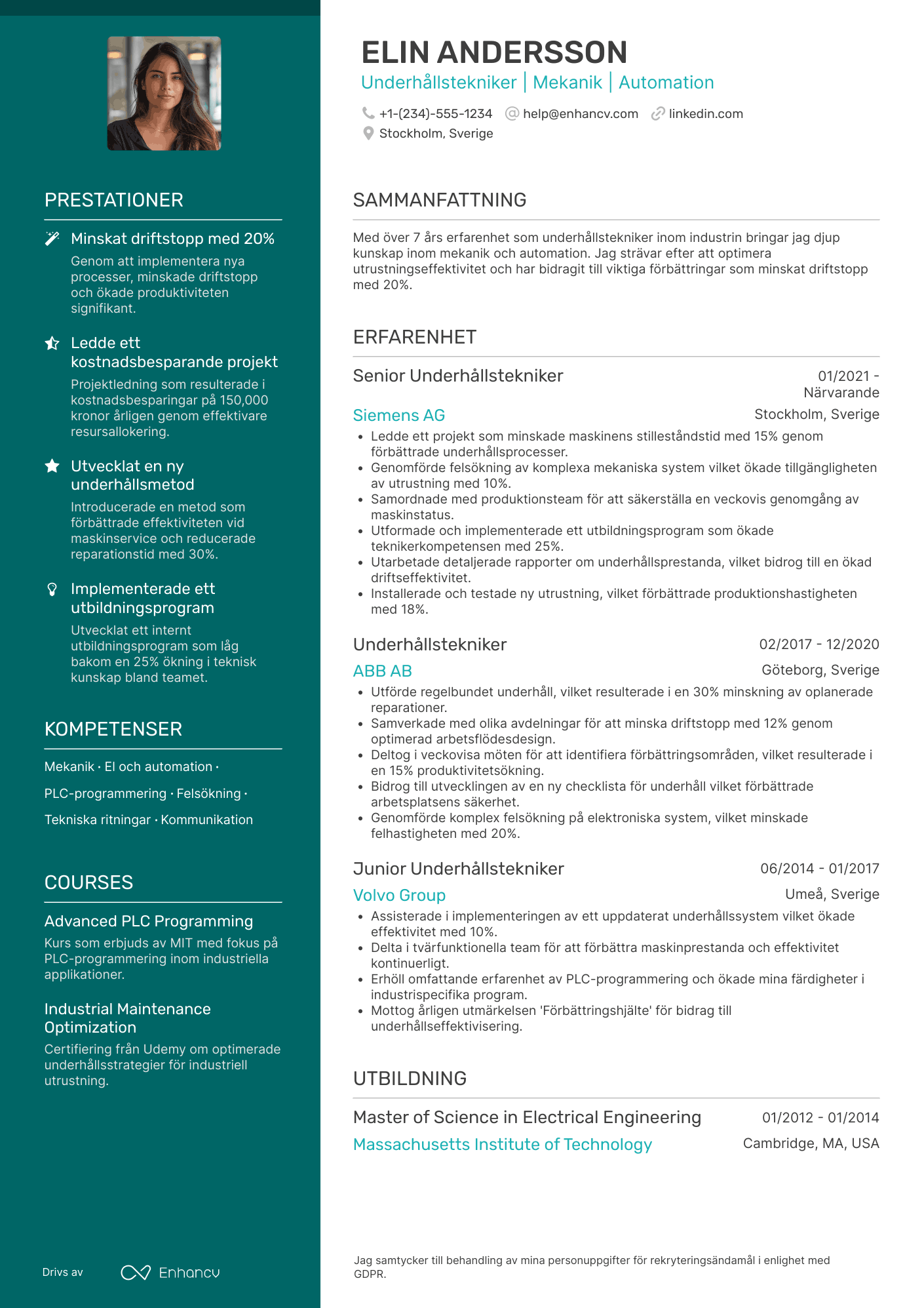 CV för Erfaren Underhållstekniker Resume Example