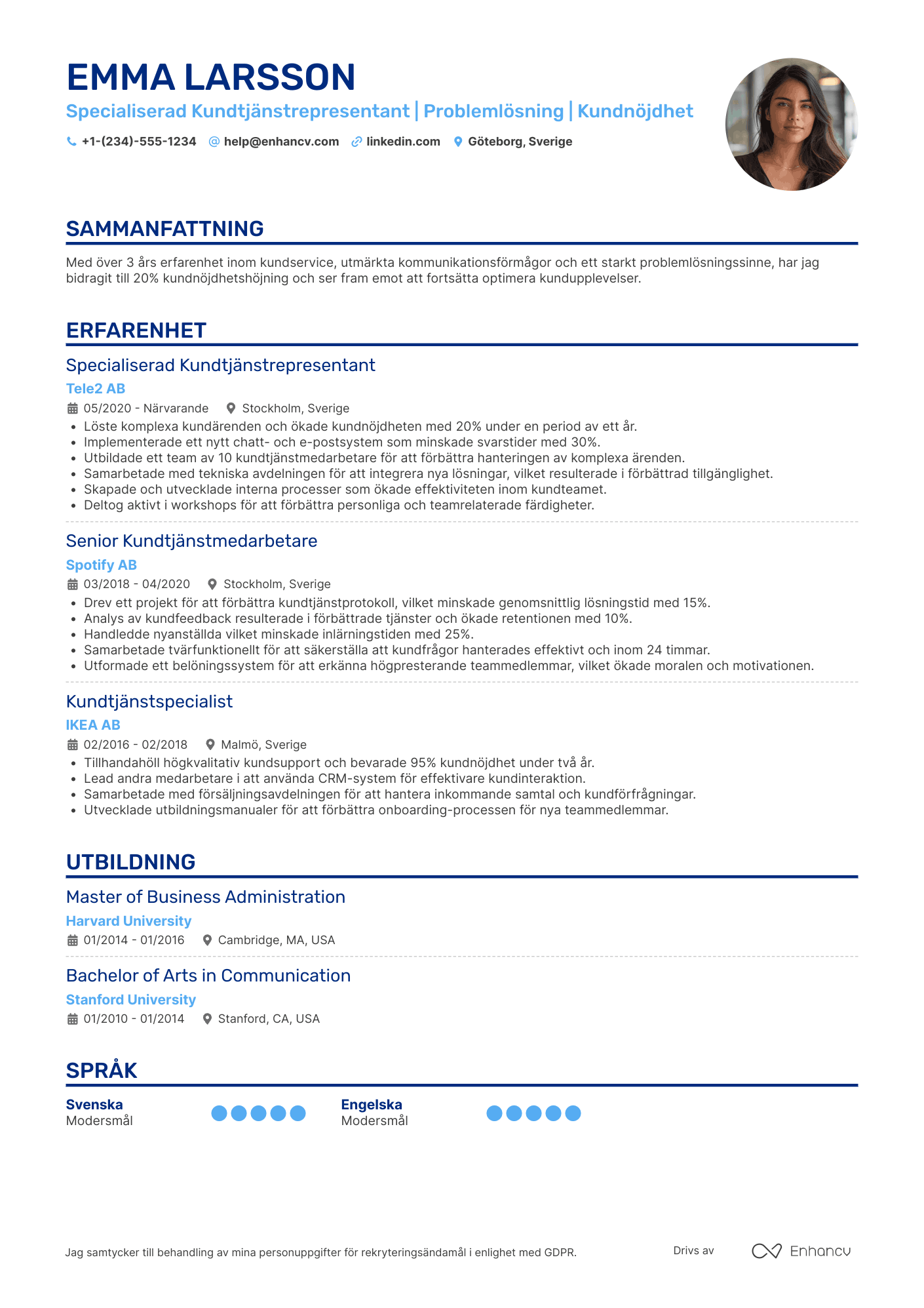 CV för Specialiserad Kundtjänstrepresentant Resume Example