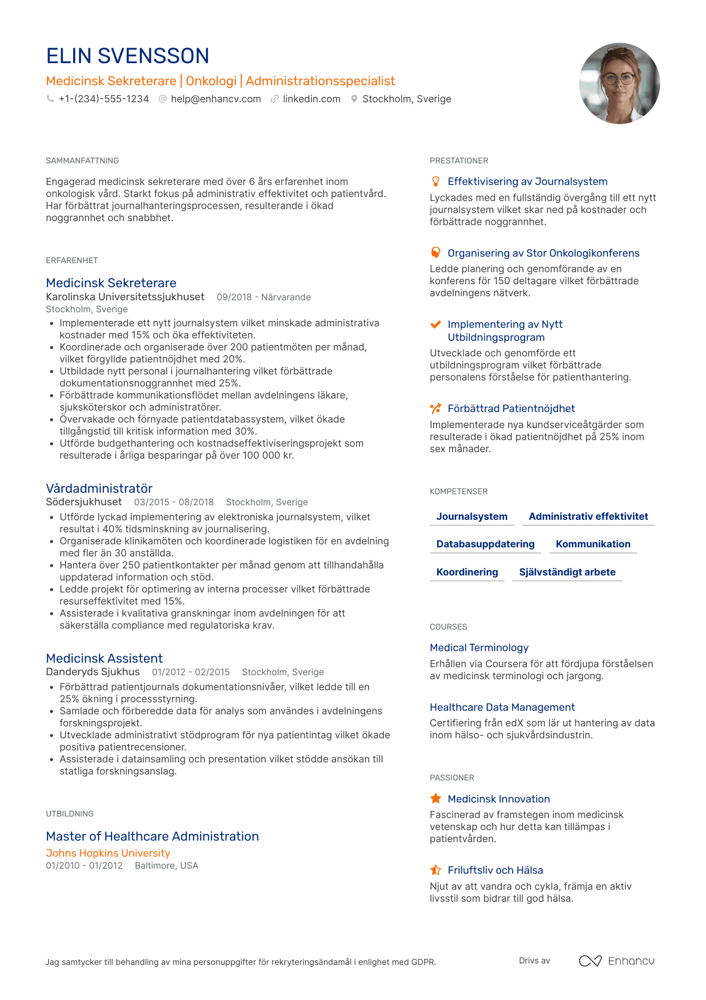 CV för Medicinsk Sekreterare inom Onkologi Resume Example