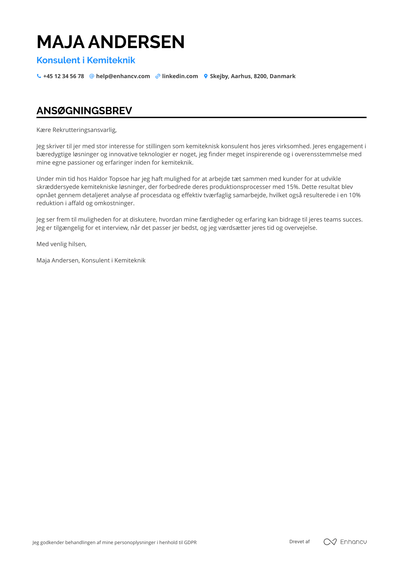 Ansøgningsbrev til Konsulent i kemiteknik Resume Example