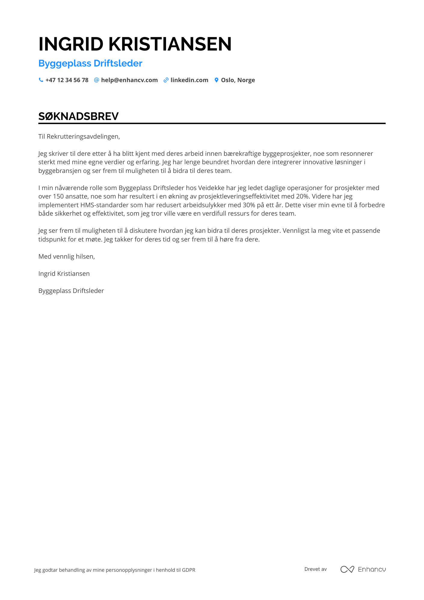 Søknadsbrev for Byggeplass Driftsleder Resume Example
