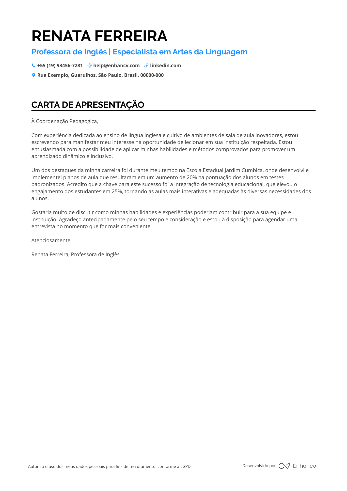 Professor de inglês Júnior Resume Example