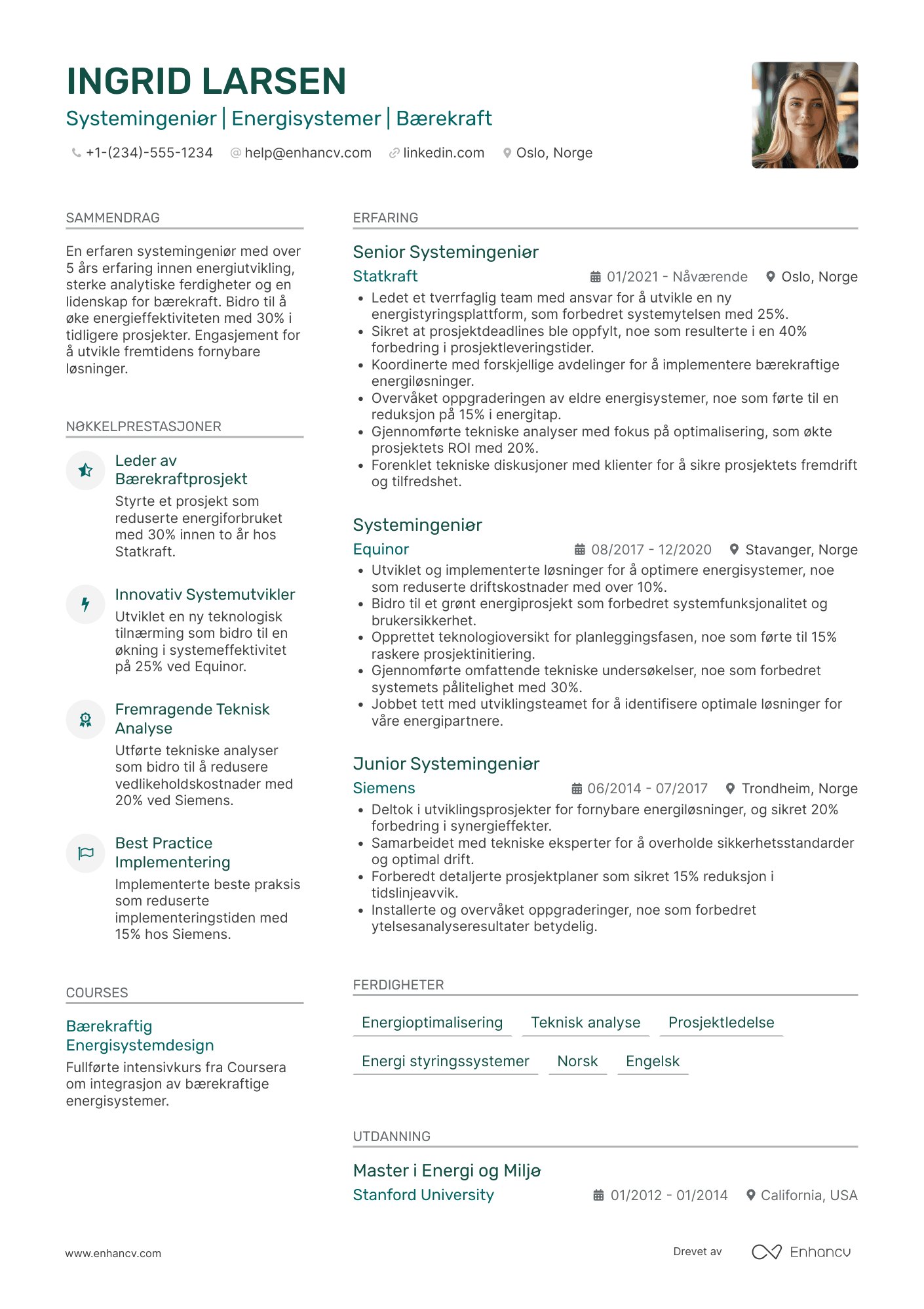 CV for Systemingeniør i energi Resume Example