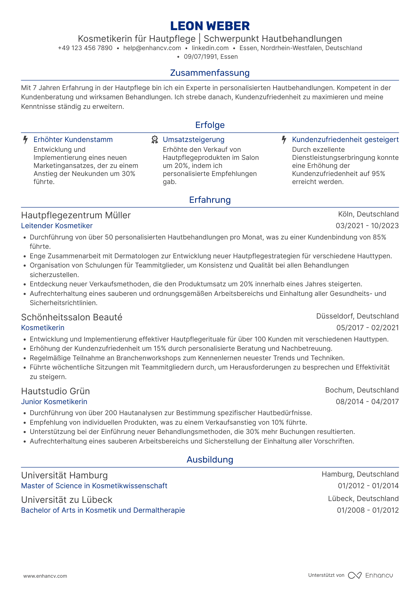 Lebenslauf als Kosmetikerin für Hautpflege Resume Example