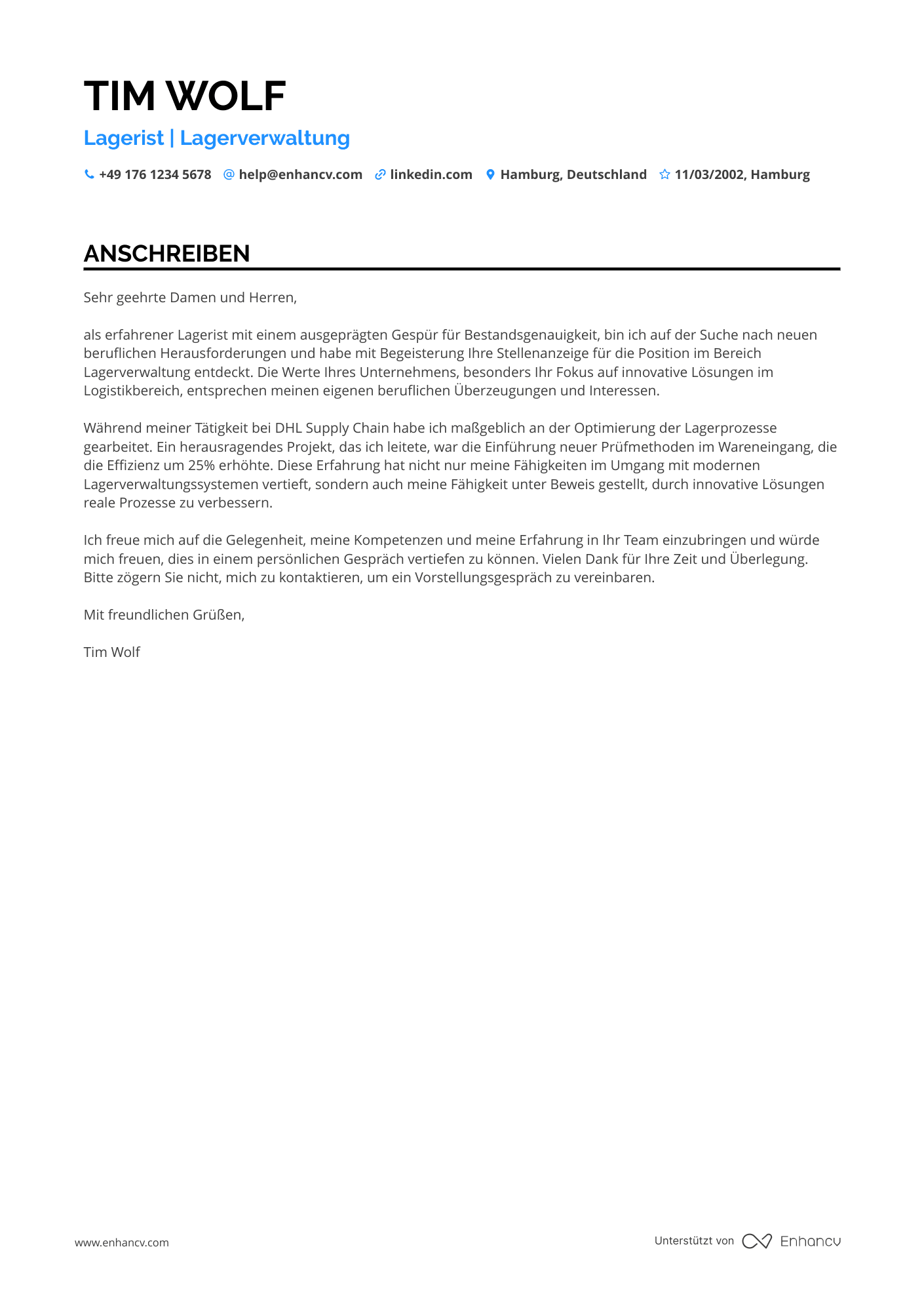 Lagerist für Lagerverwaltung Resume Example