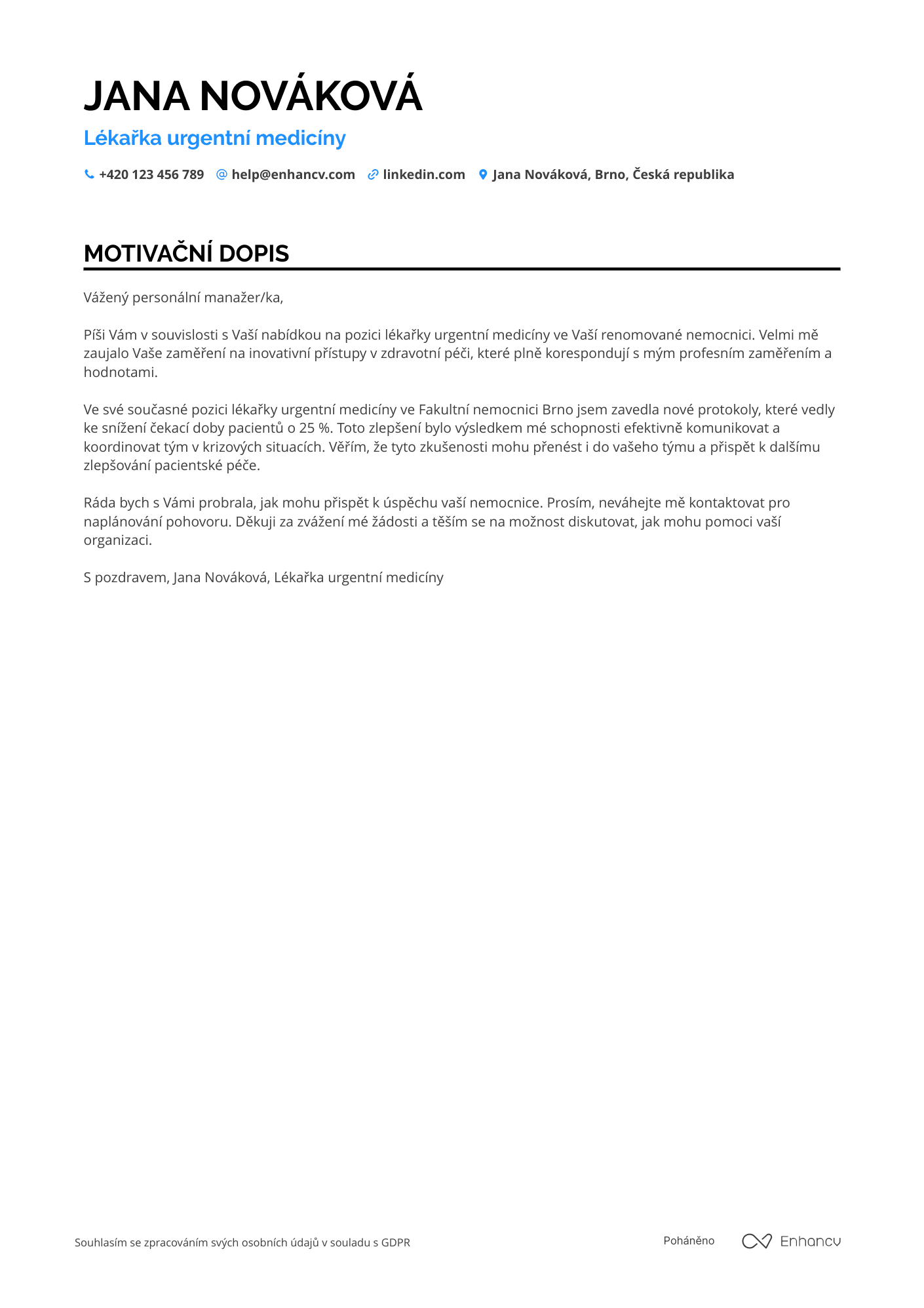 Motivační dopis pro Lékař urgentní medicíny Resume Example