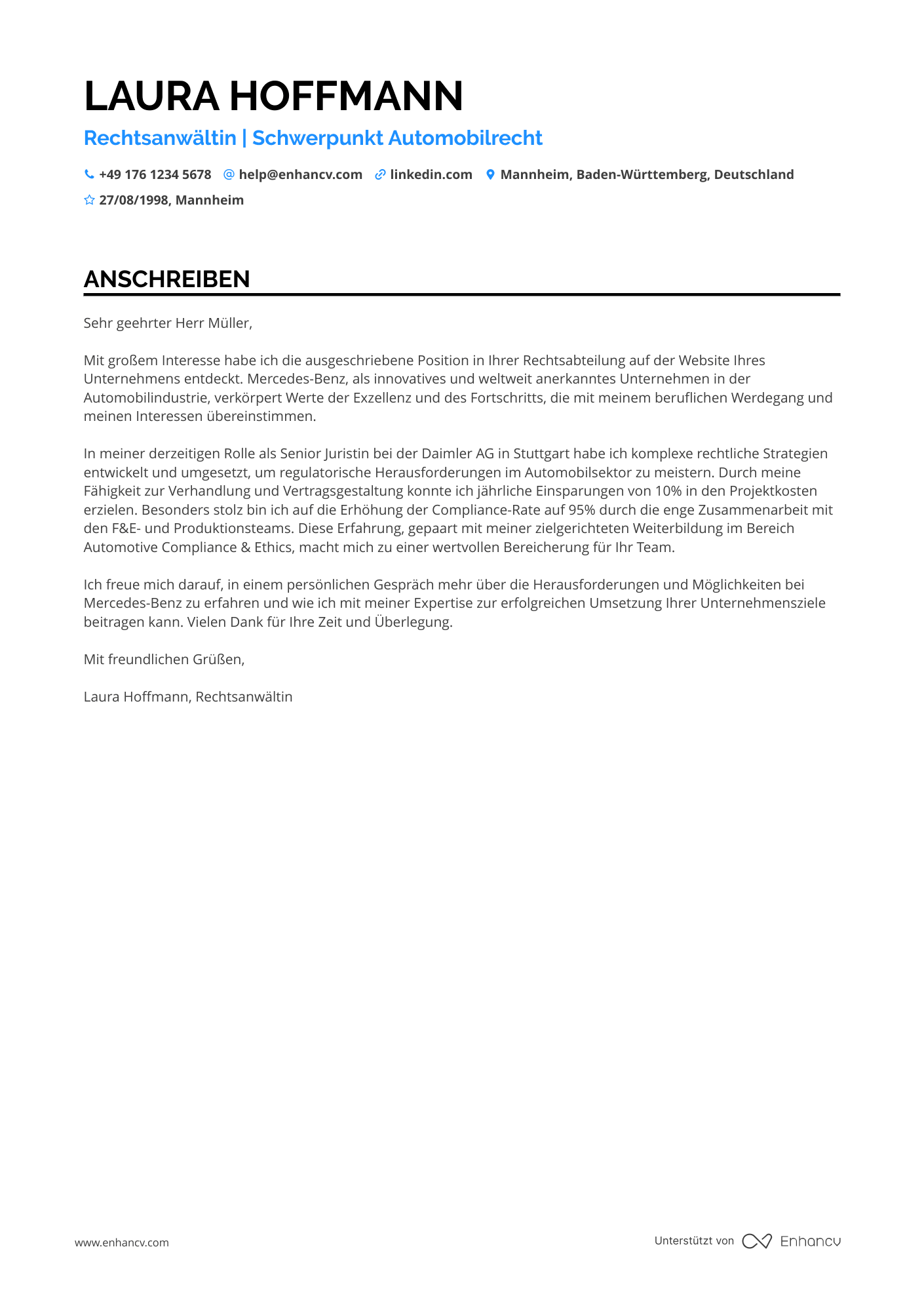 Jurist in der Automobilindustrie Resume Example