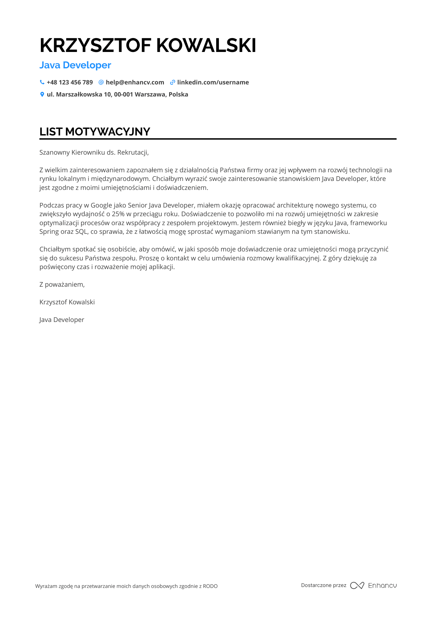 List motywacyjny dla Programista Java Resume Example