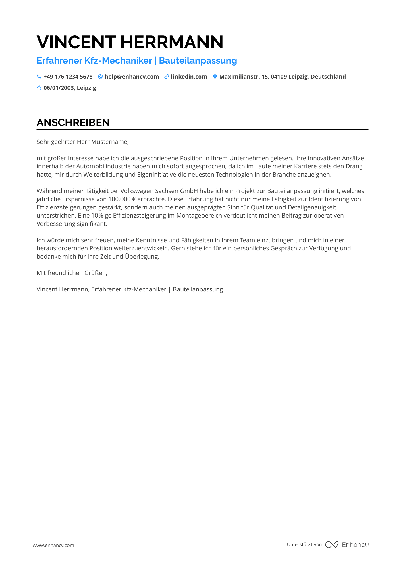 Handwerker in der Automobilindustrie Resume Example