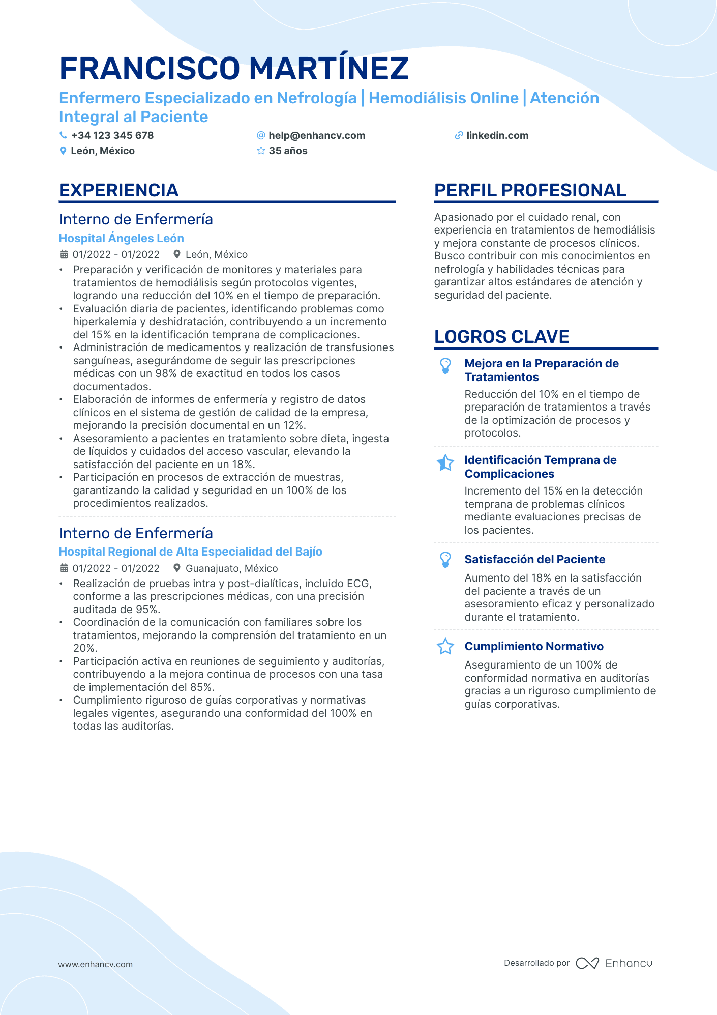 Estudiante en Formación en Enfermería Resume Example