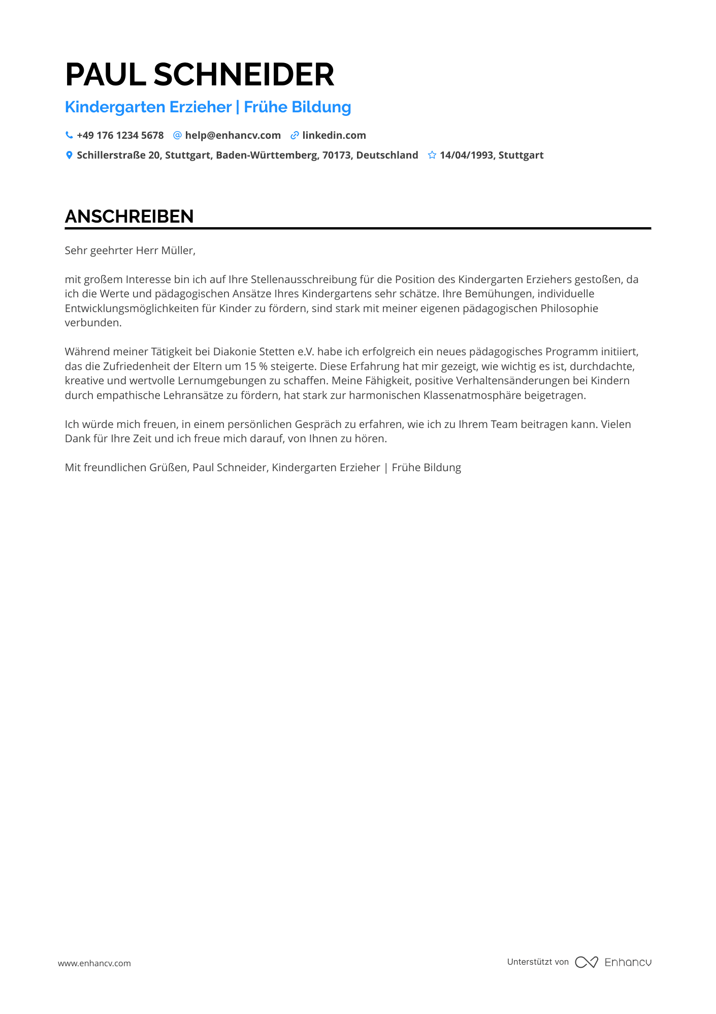 Kindergarten Erzieherin Resume Example