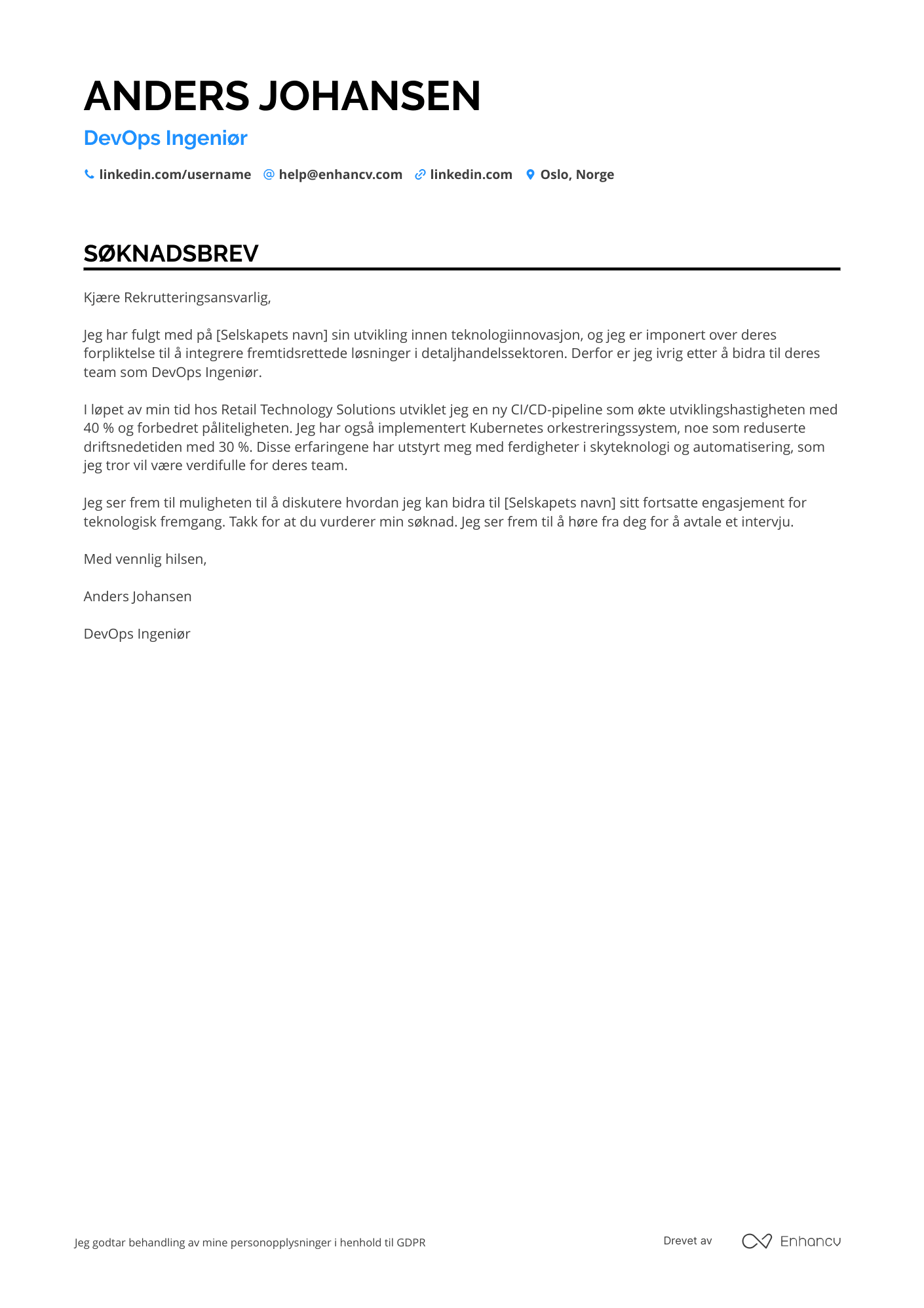 Søknadsbrev for DevOps ingeniør for detaljhandel Resume Example