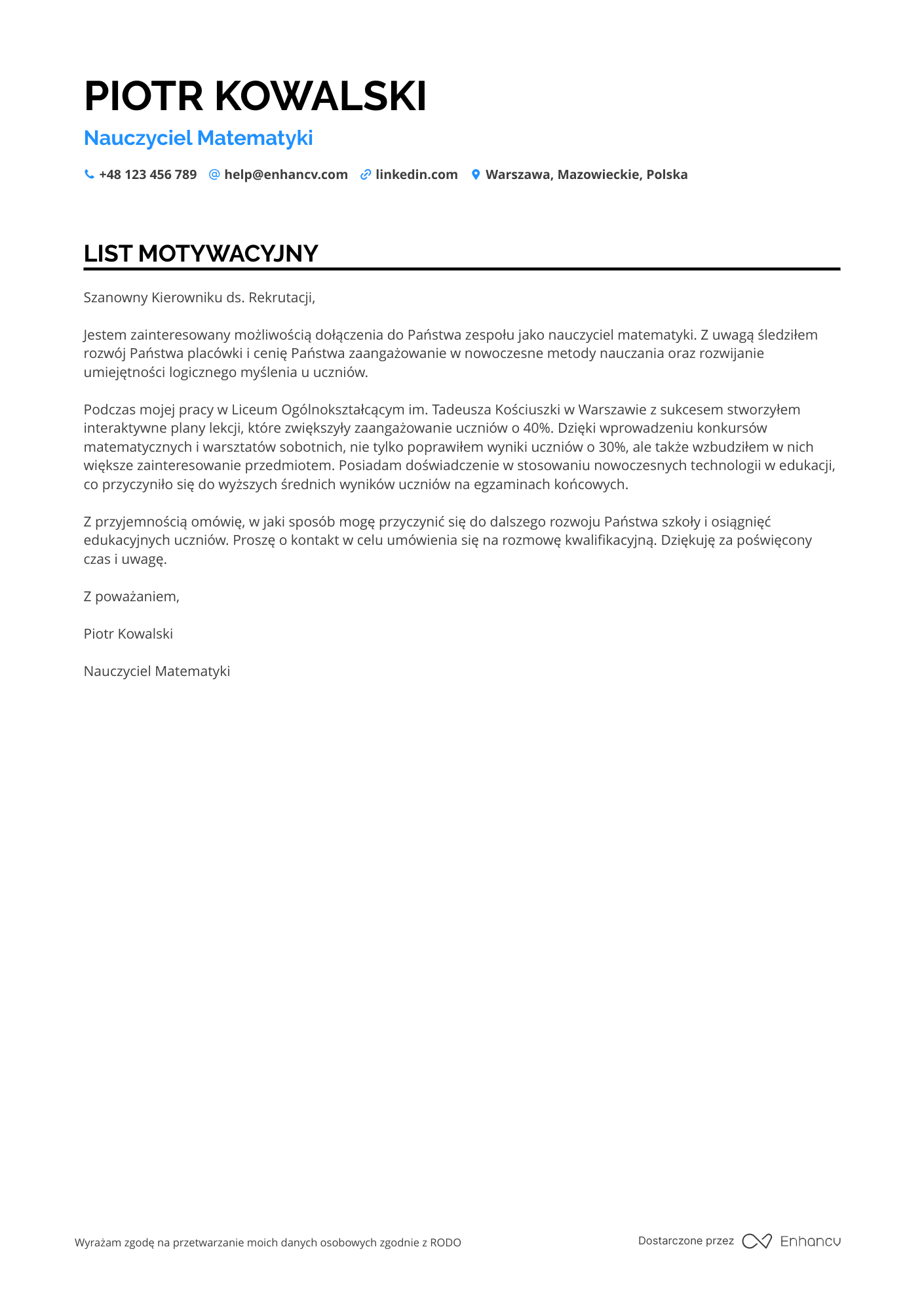 List motywacyjny dla Nauczyciel Matematyki Resume Example