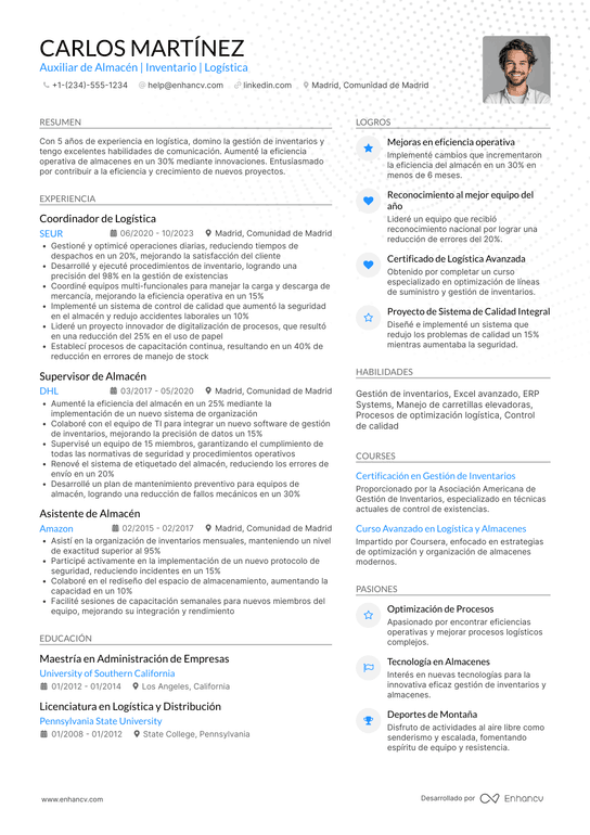 CV para auxiliar de almacén (warehouse worker) Resume Example