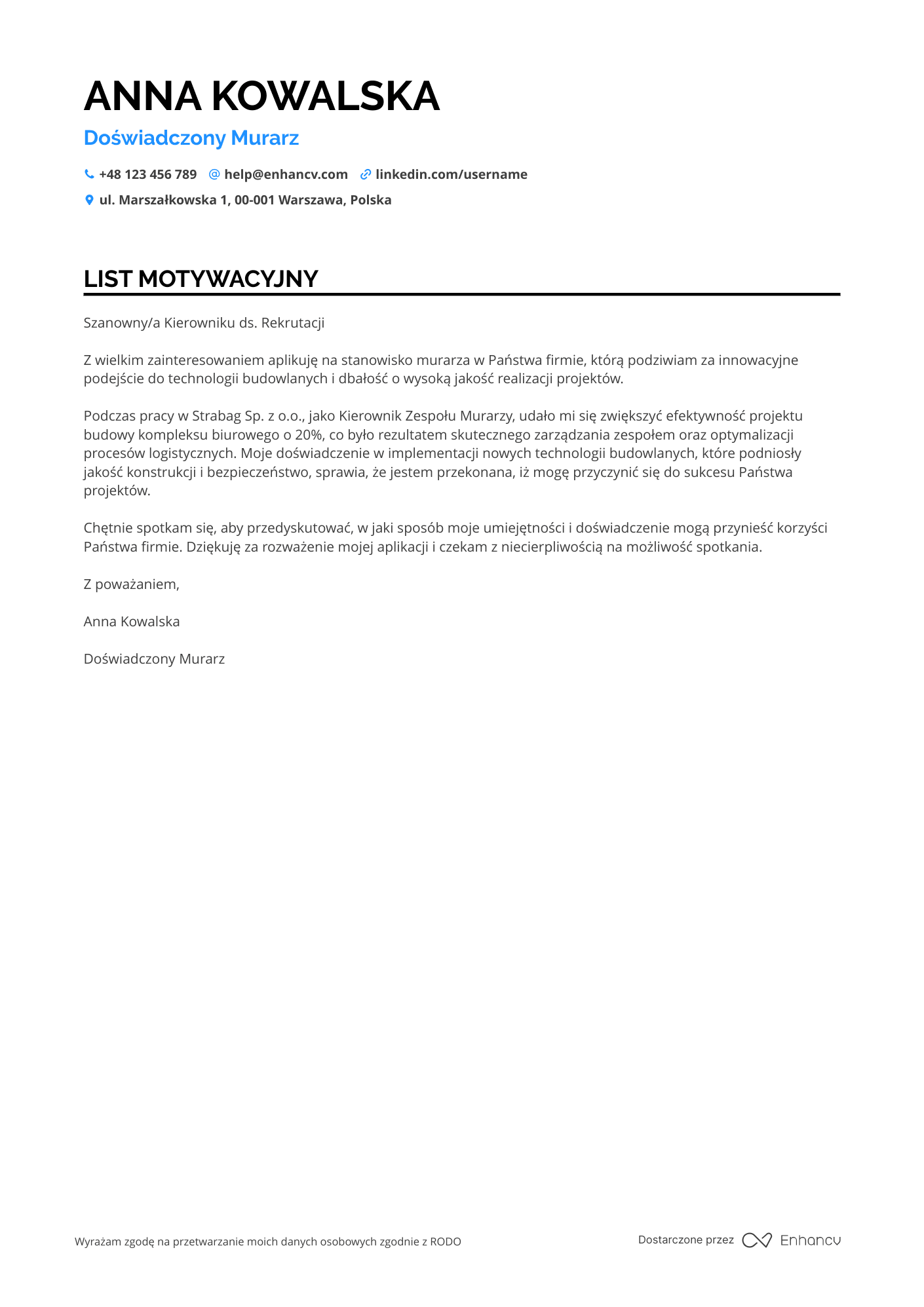 List motywacyjny dla Pracownik Budowlany Murarz Resume Example