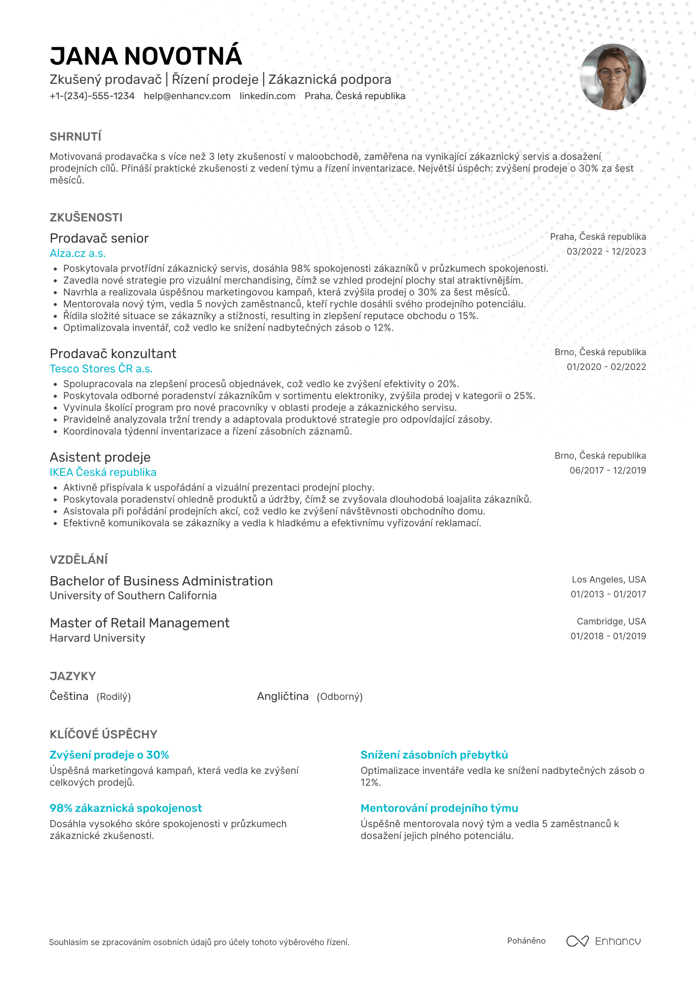 Životopis pro Prodavač senior Resume Example