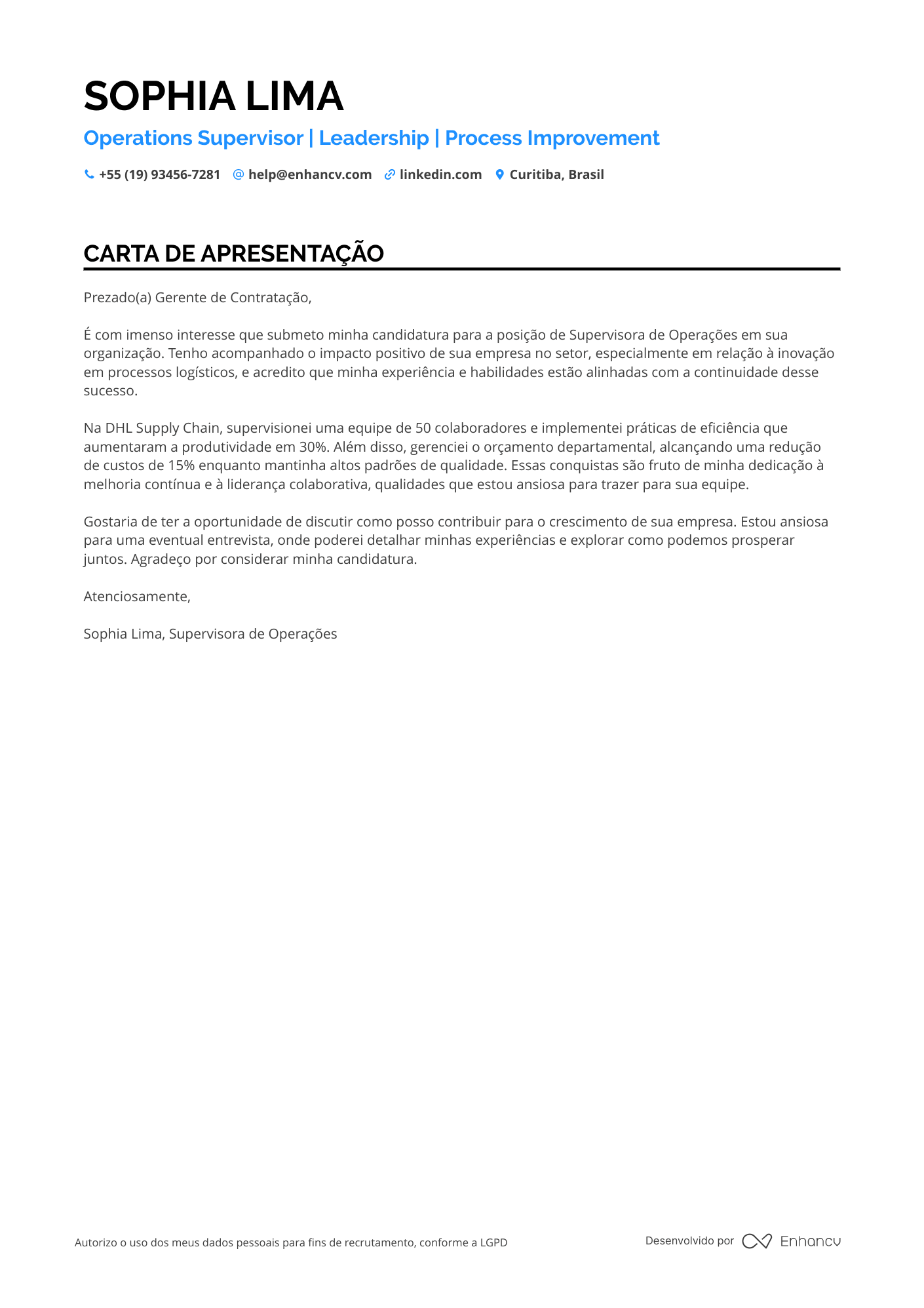 Supervisor de Armazém Resume Example