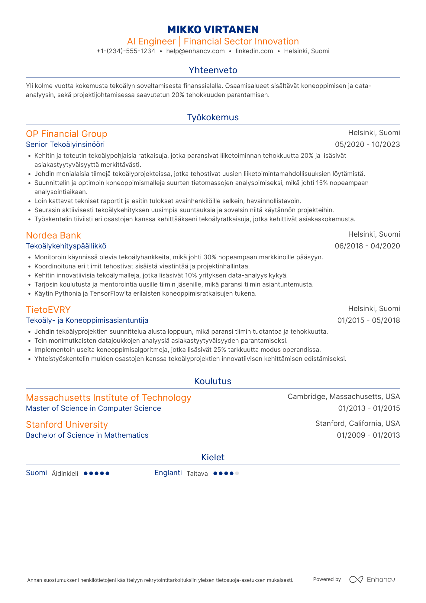 Ansioluettelo Tekoälyinsinööri finanssiala Resume Example