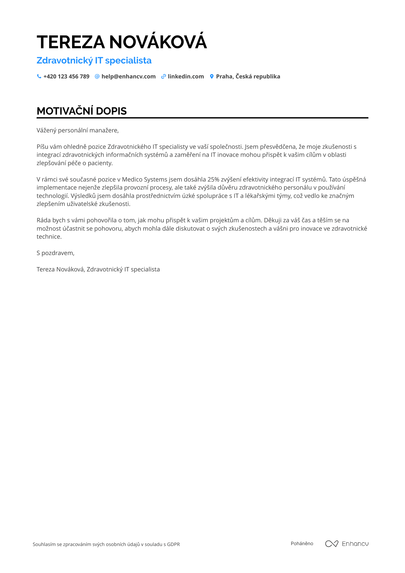 Motivační dopis pro Zdravotnický IT specialista Resume Example