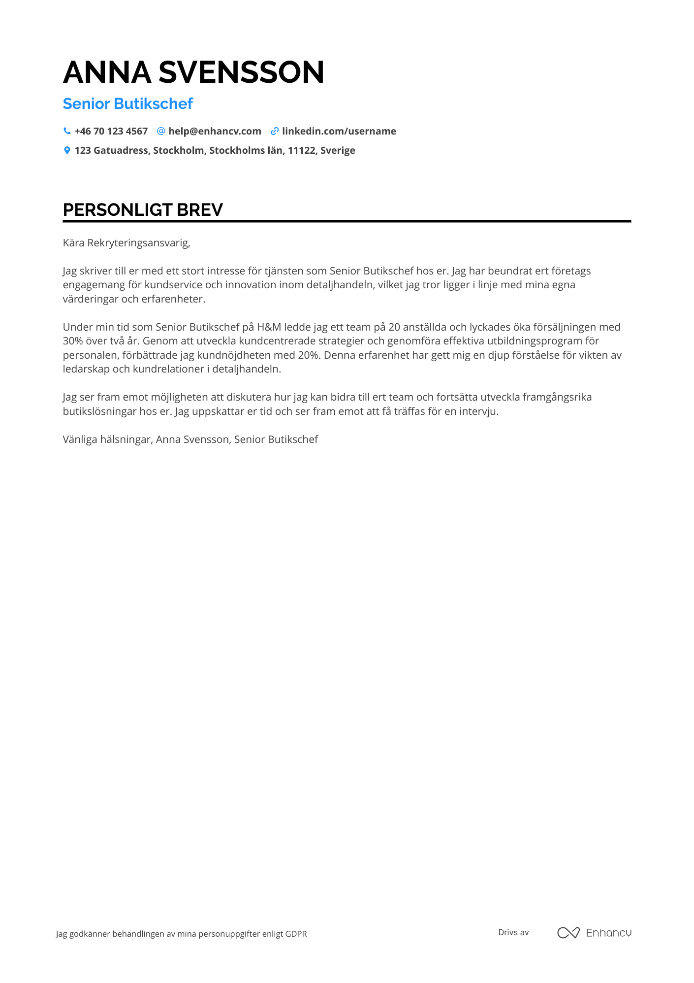 Personligt brev för Senior Butikschef Resume Example