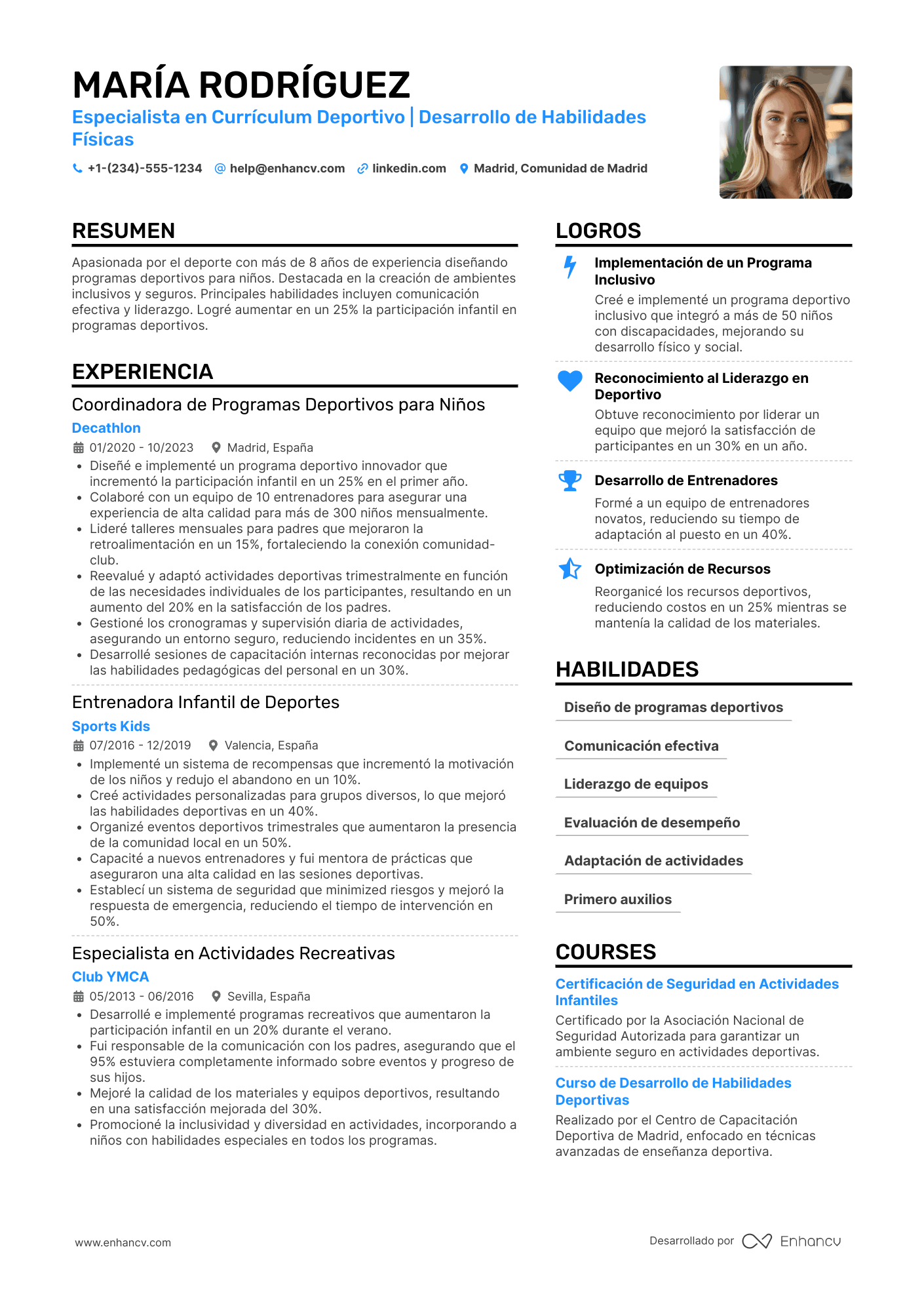 Ejemplo de currículum deportivo para niños Resume Example