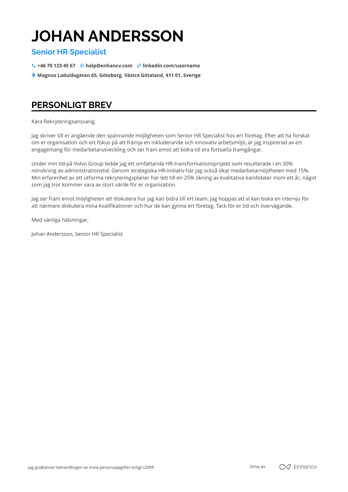 Personligt brev för HR Medarbetare Senior Resume Example