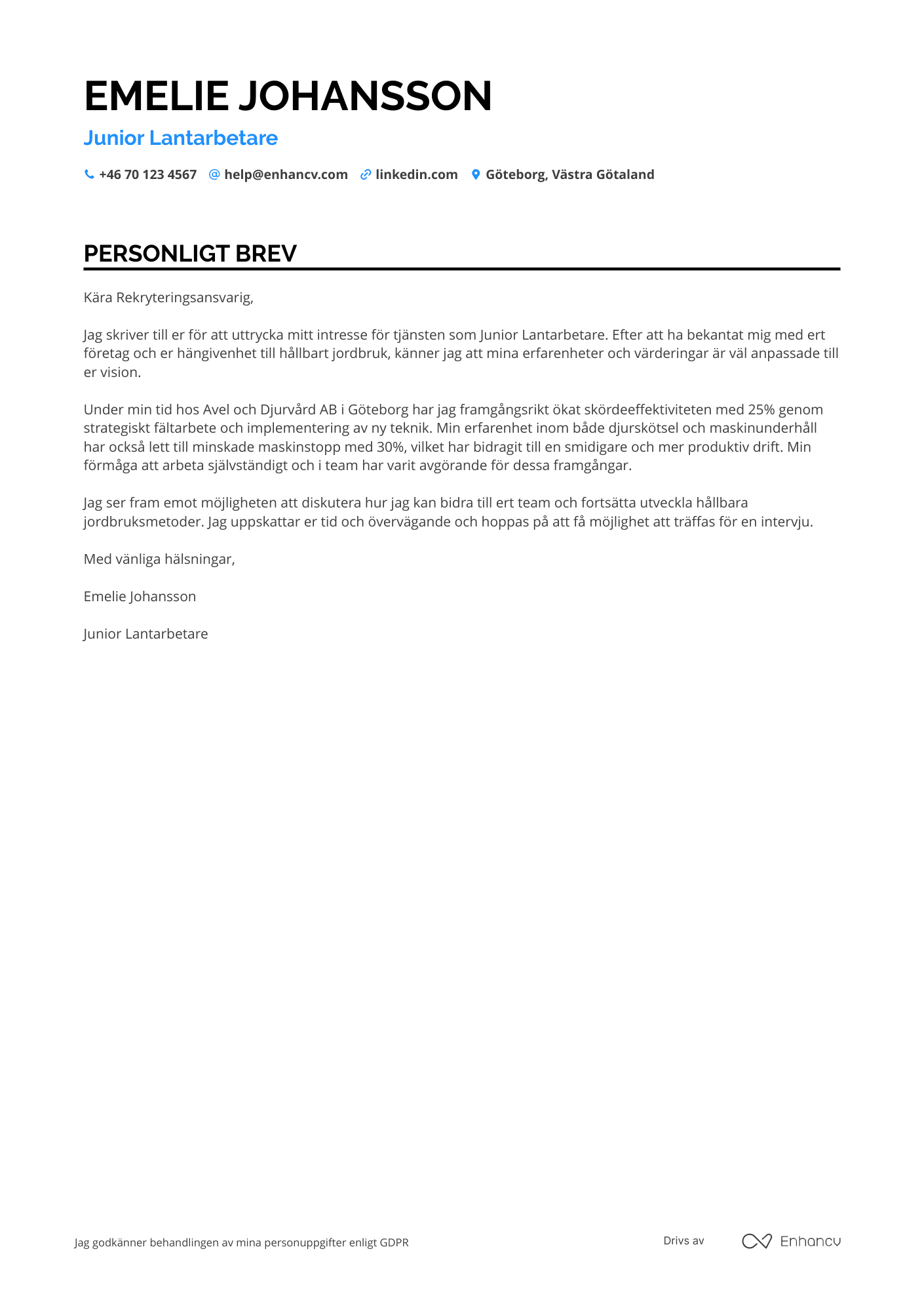 Personligt brev för Junior Lantarbetare Resume Example