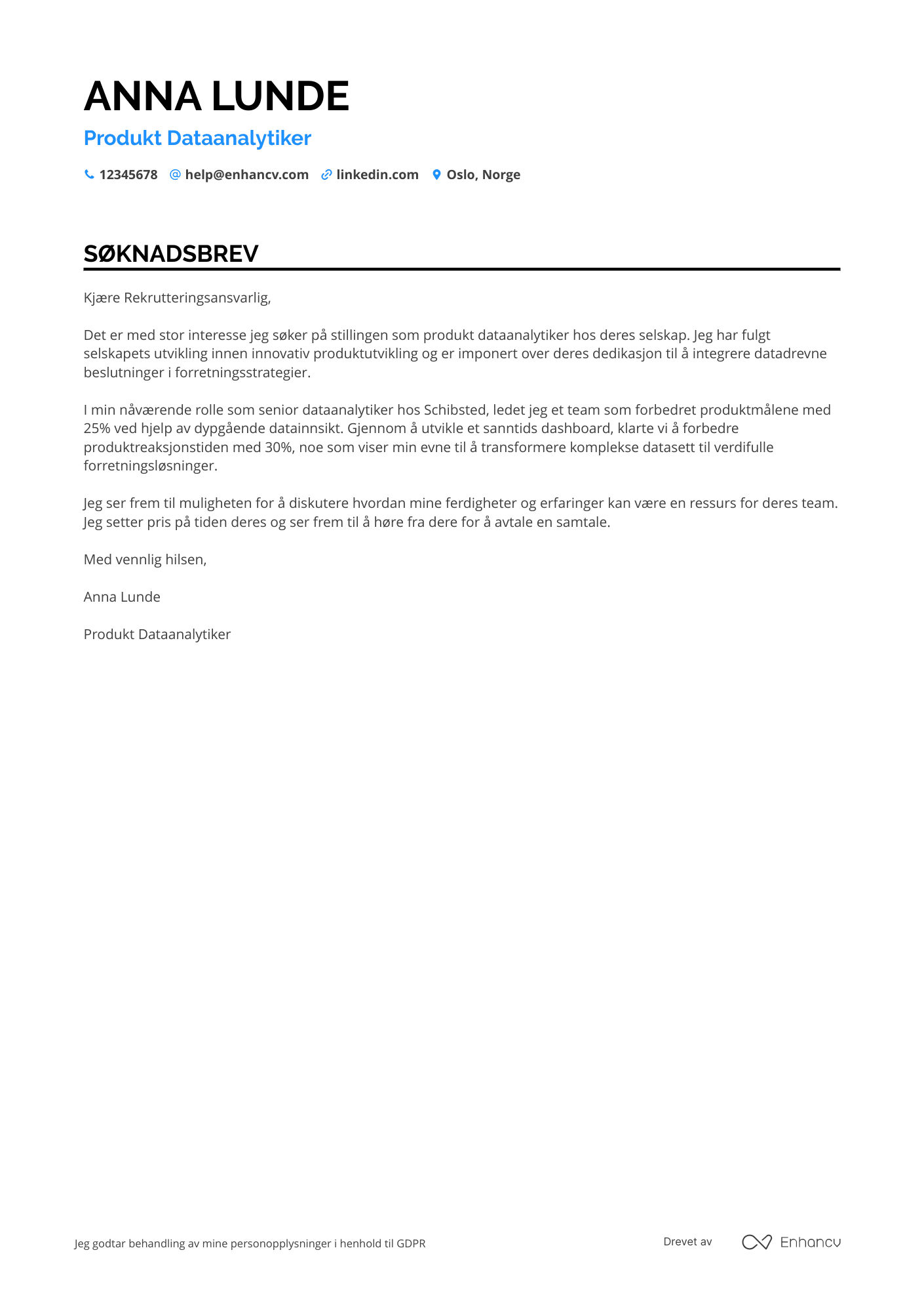 Søknadsbrev for Produkt Dataanalytiker Resume Example