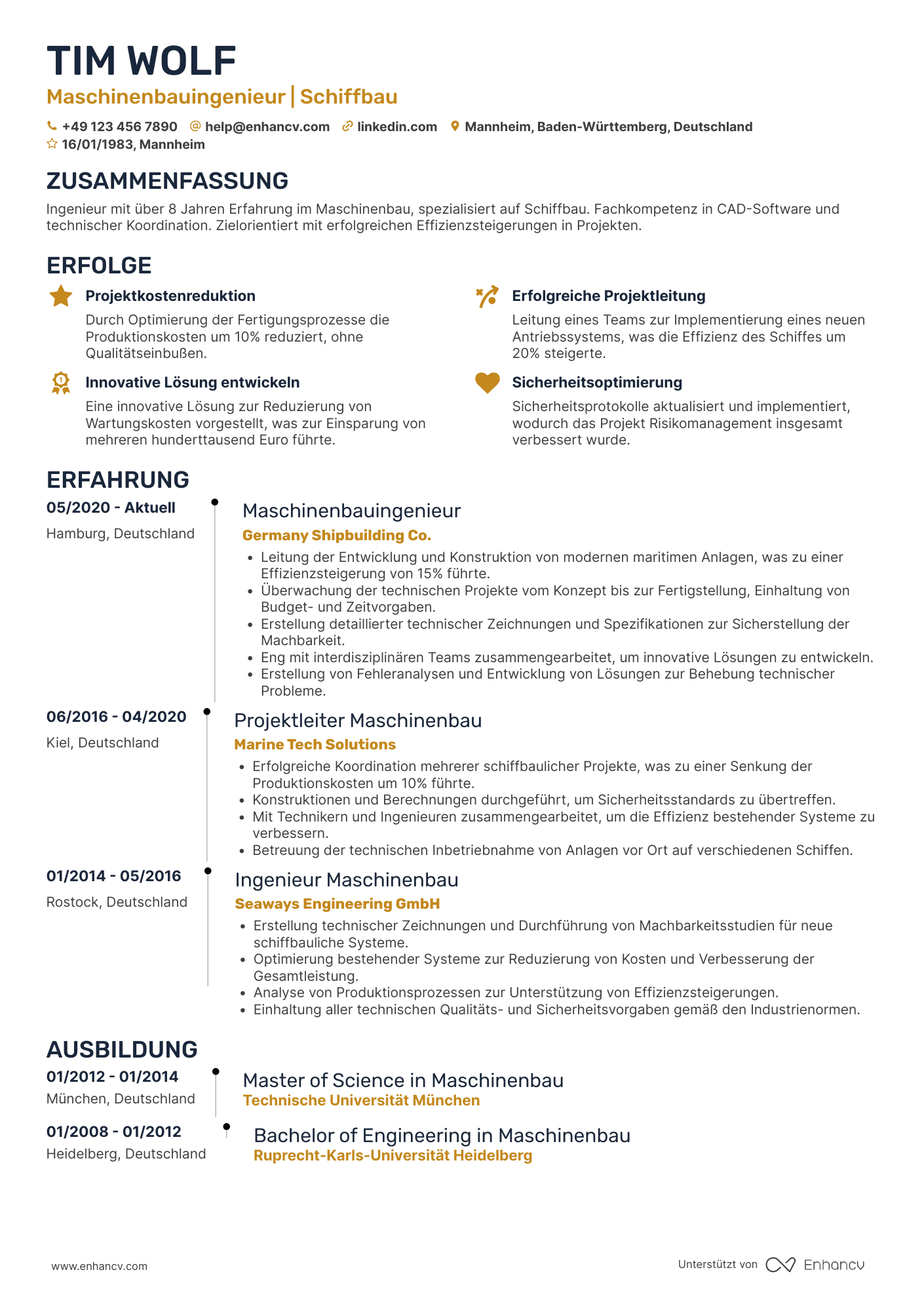 Lebenslauf in Maschinenbauingenieur in der Schiffbauindustrie Resume Example