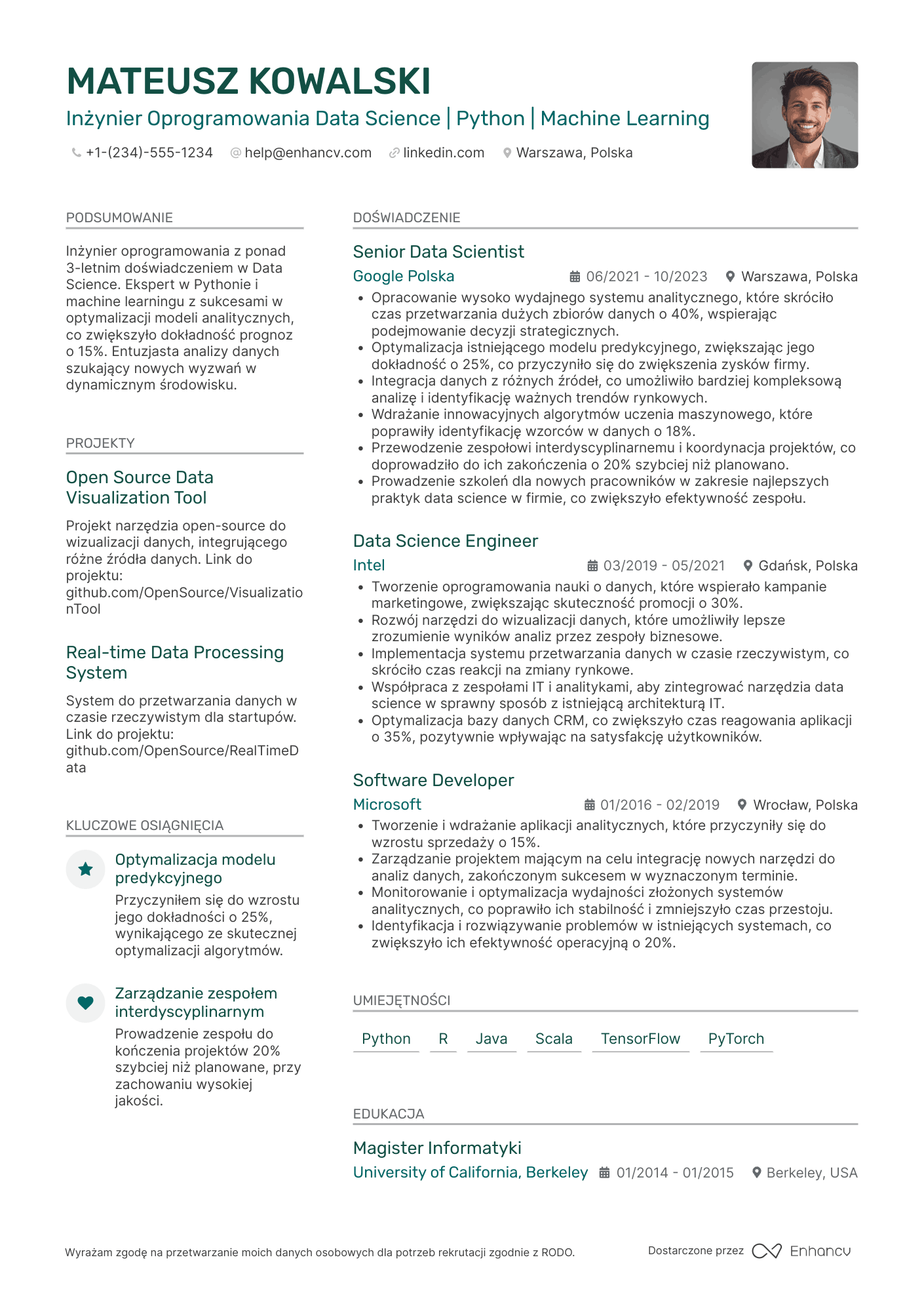 CV dla Data Science Software Engineer Resume Example