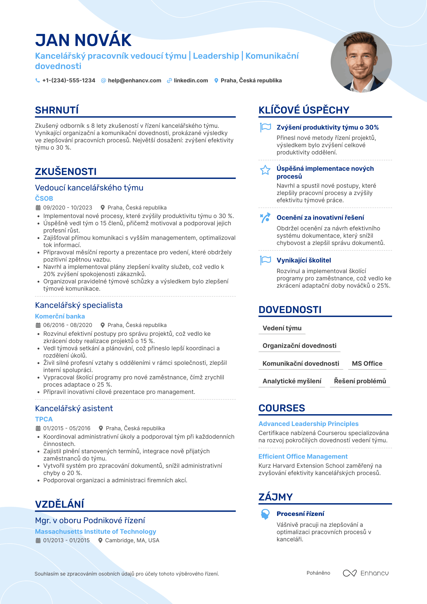 Životopis pro Kancelářský pracovník vedoucí týmu Resume Example