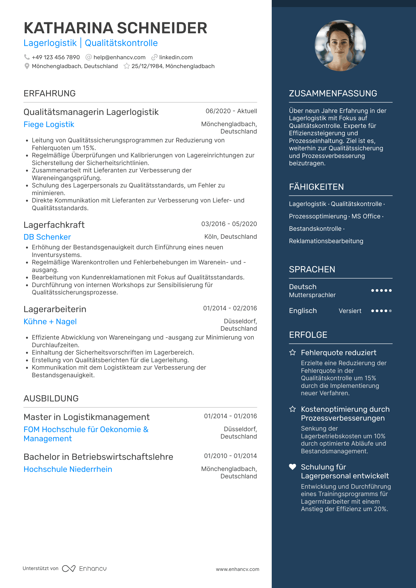 Lebenslauf als Lagerist für Qualitätskontrolle Resume Example